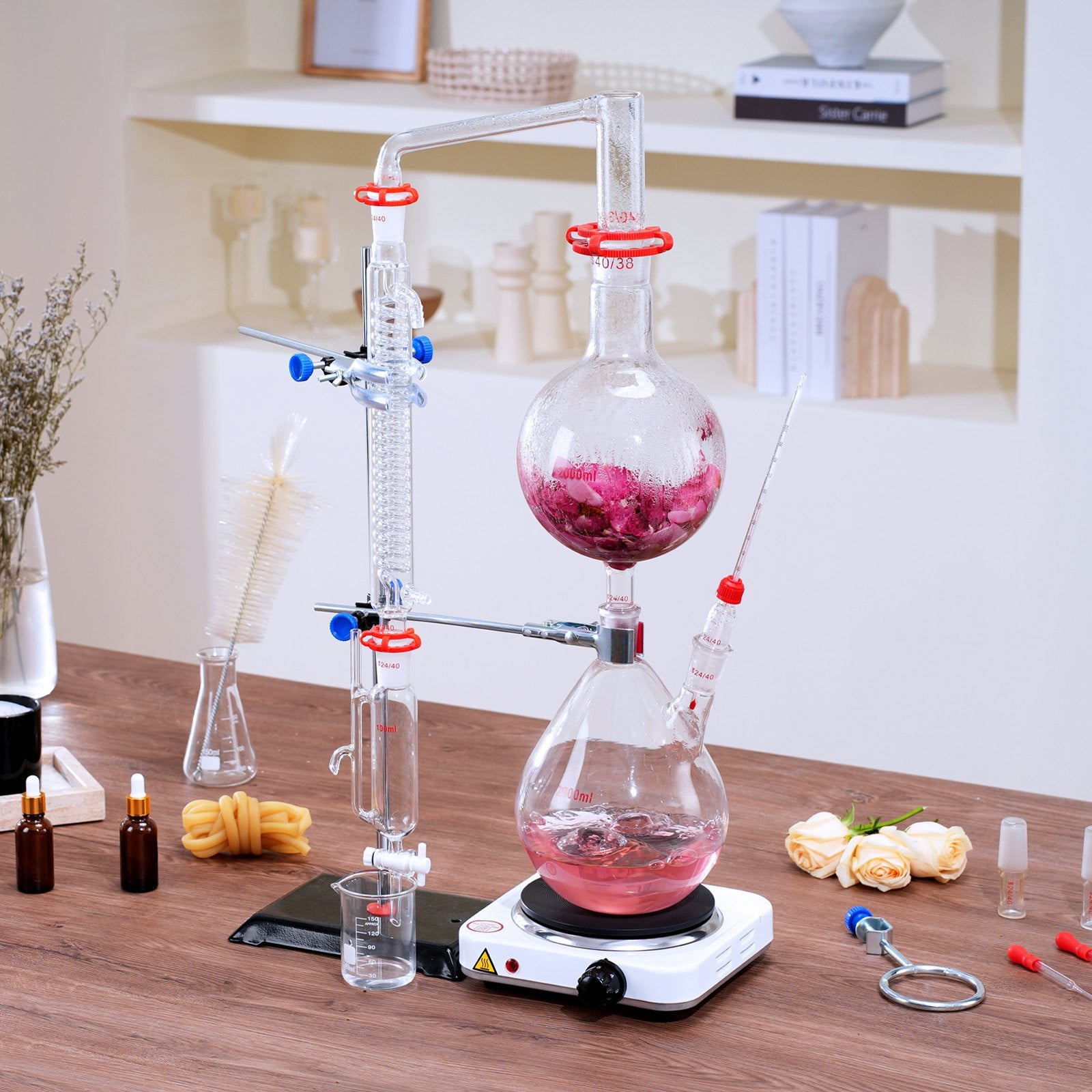 VEVOR Essential Oil Distillation Kit, 2000ml Distillation Apparatus, 3.3 Boro Lab Glassware Distillation Kit with 1000W Heating Plate and 24, 40 Joint, 28 pcs Set 8