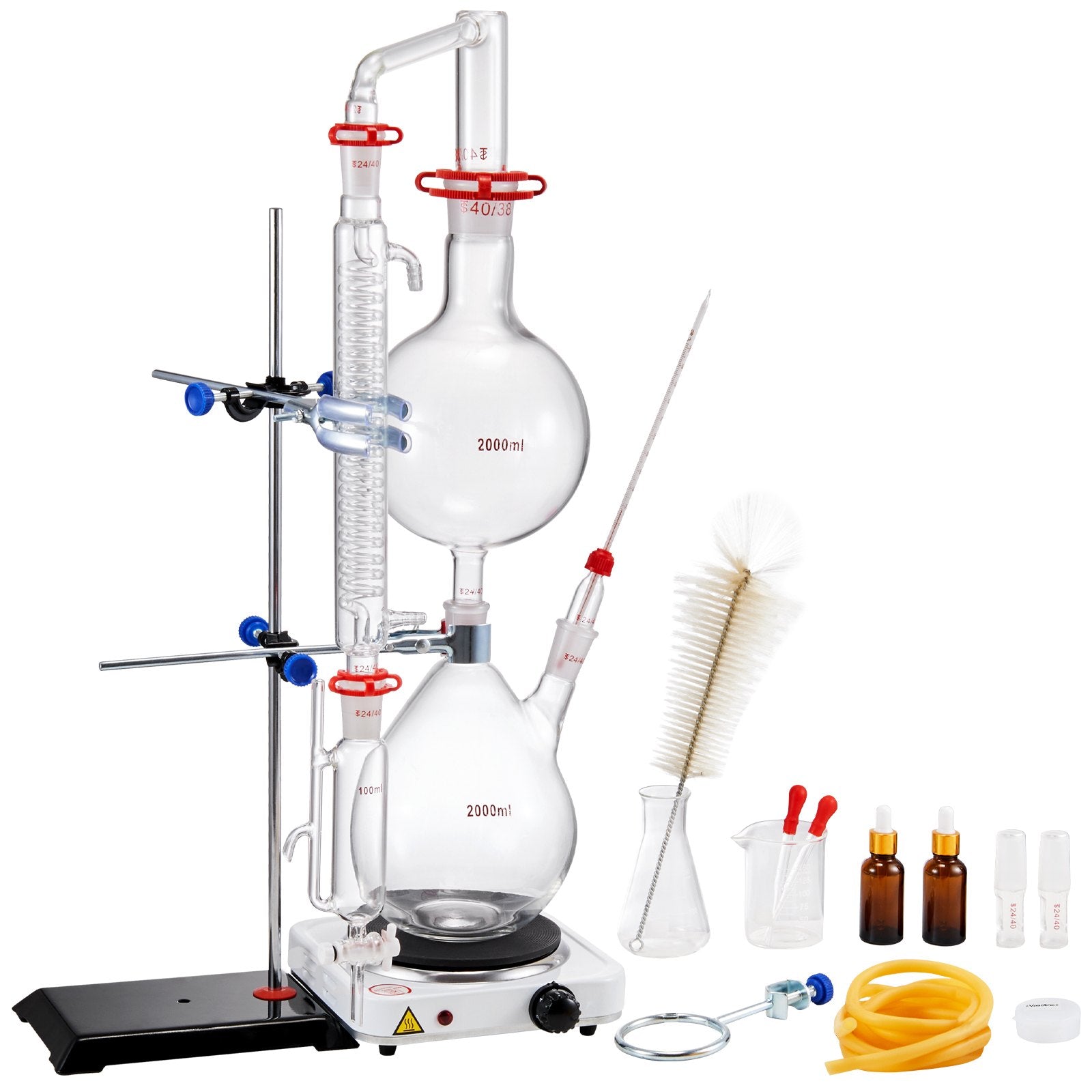 VEVOR Essential Oil Distillation Kit, 2000ml Distillation Apparatus, 3.3 Boro Lab Glassware Distillation Kit with 1000W Heating Plate and 24, 40 Joint, 28 pcs Set 9