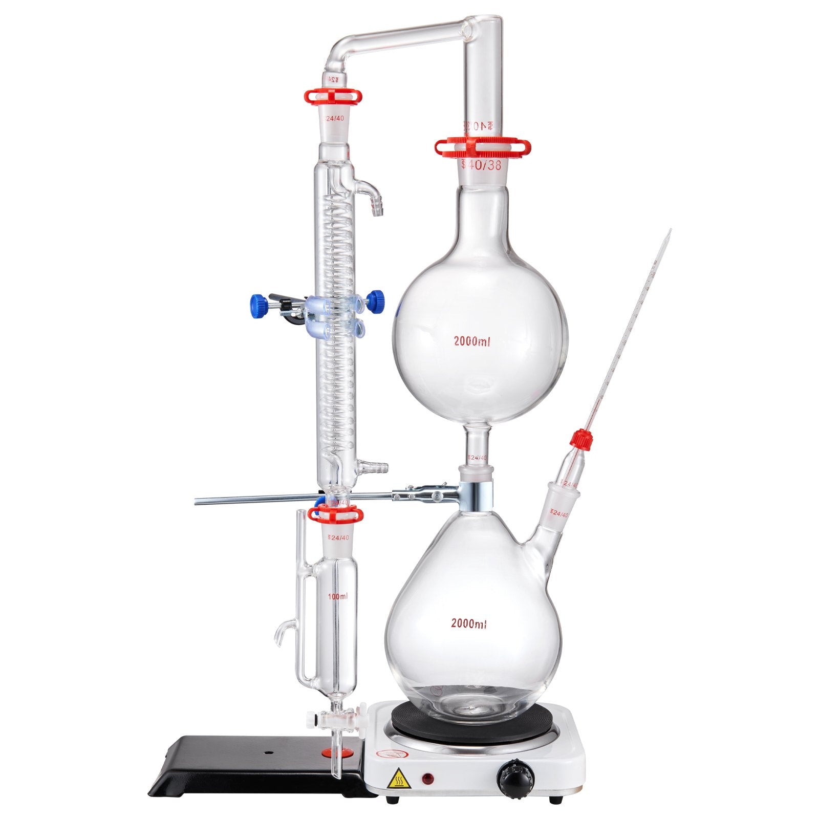 VEVOR Essential Oil Distillation Kit, 2000ml Distillation Apparatus, 3.3 Boro Lab Glassware Distillation Kit with 1000W Heating Plate and 24, 40 Joint, 28 pcs Set 10