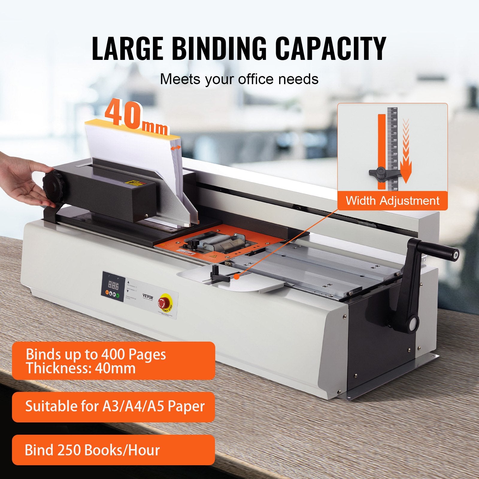 VEVOR Thermal Binding Machine, 400 Sheets Capacity Hot Glue Binding Machine, Thermal Book Binder 40mm Binding Thickness A3(Short Edge)/A4/A5 Document 4