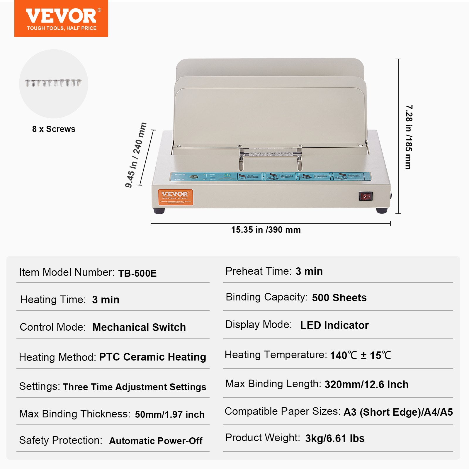 VEVOR Thermal Binding Machine, 500 Sheets Capacity Book Binding Machine, Thermal Book Binder 50mm Binding Thickness A3(Short Edge)/A4/A5 Document, with Infrared Optical Detection 7