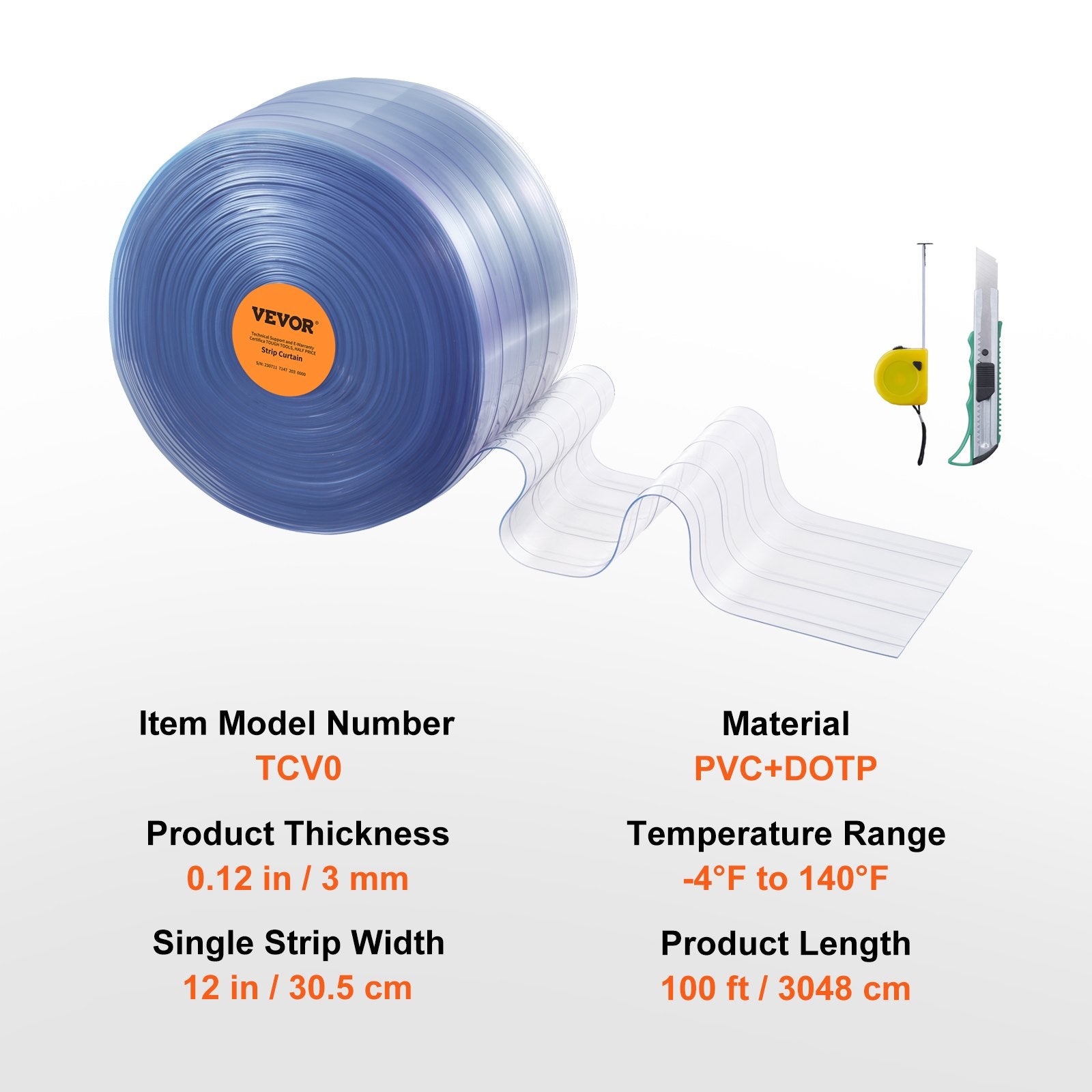 VEVOR Strip Curtain, 3048 cm L x 30.5 cm W x 3 mm Thickness, Clear Ribbed PVC Curtain Strip Door Bulk Roll, Plastic Door Strips for Doorway of Supermarket, Garage, Warehouse, Barn, Pet Animal House 7