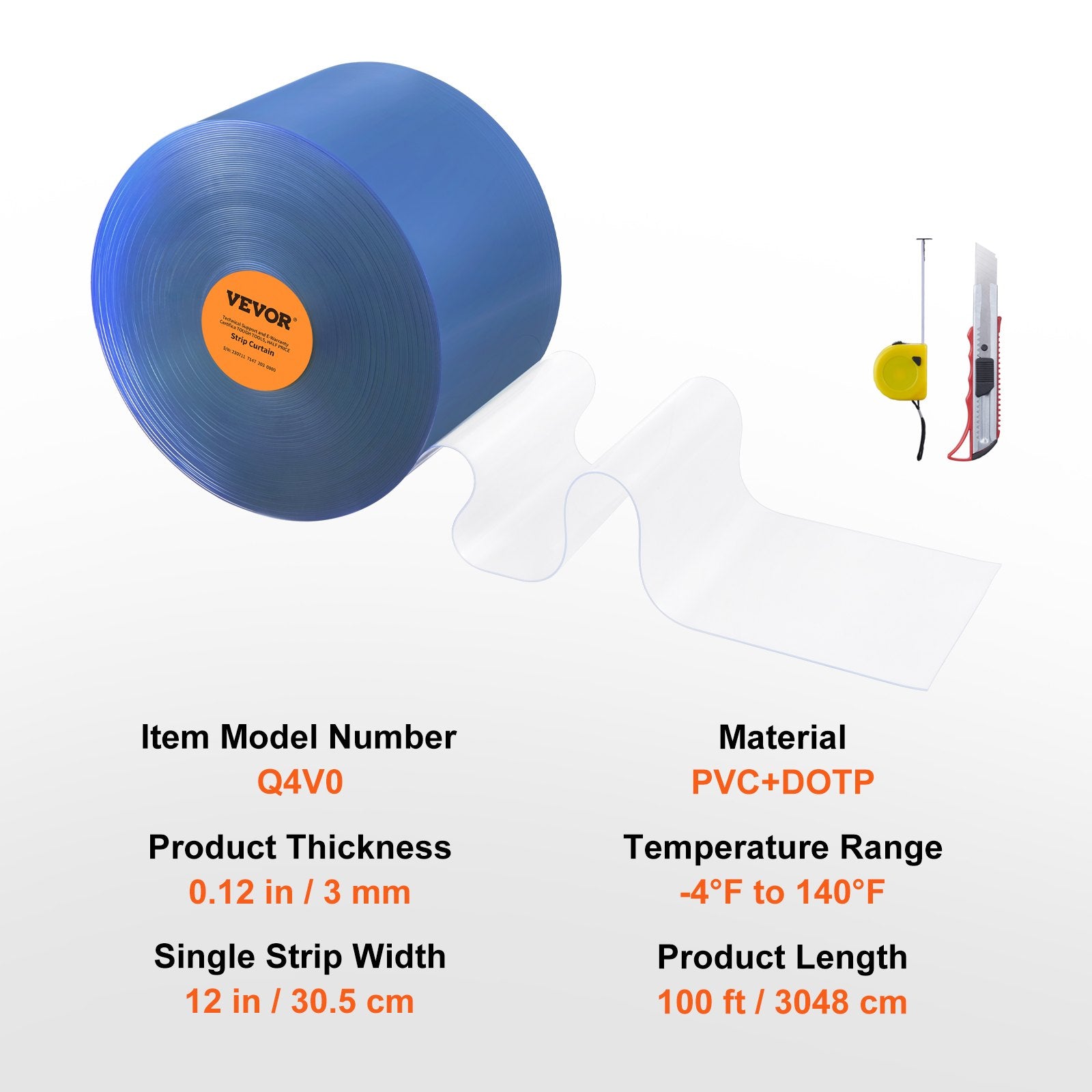 VEVOR Strip Curtain, 3048 cm L x 30.5 cm W x 3 mm Thickness, Clear PVC Smooth Curtain Strip Door Bulk Roll, Plastic Door Strips for Doorway of Supermarket, Garage, Warehouse, Barn, Pet Animal House 7