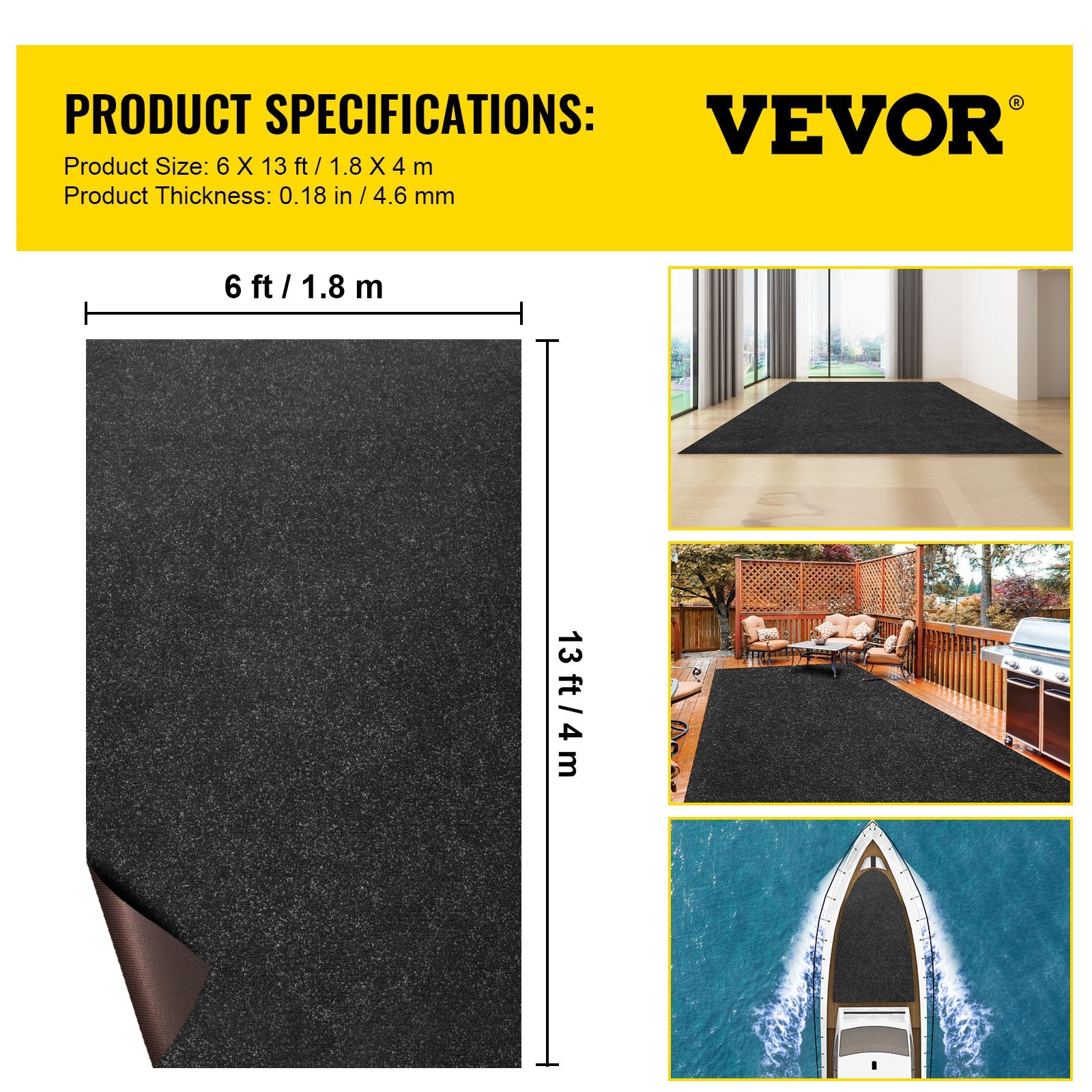 VEVOR Bass Boat Carpet Cutpile Marine Carpet 6 x 13 ft Charcoal Black In/Outdoor 7