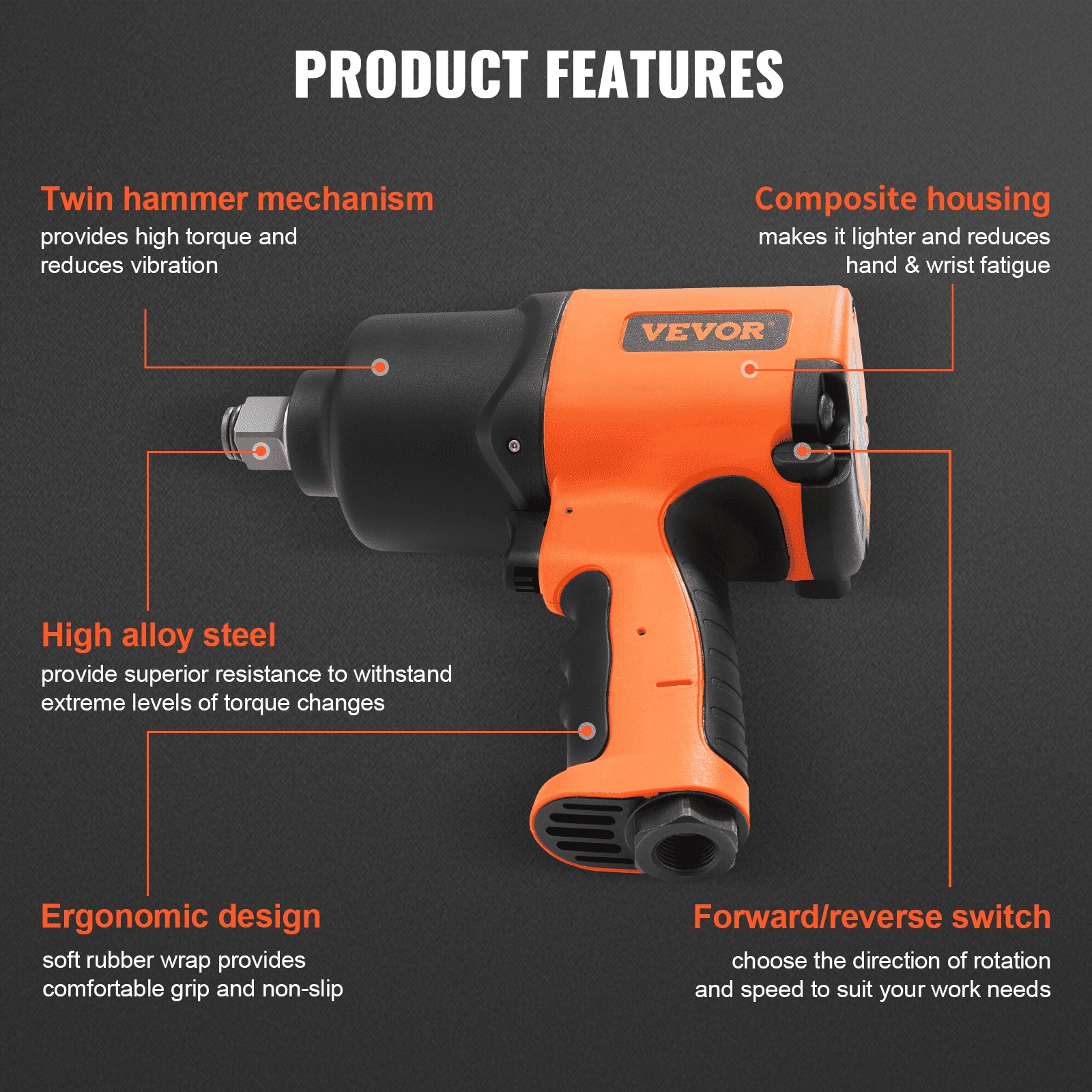 VEVOR Air Impact Wrench, 3/4-Inch Drive Air Impact Gun, Up to 1870ft-lbs Nut-busting Torque, Composite Pneumatic Impact Wrench for Auto_epairs_nd_aintenance Heavy Duty 5