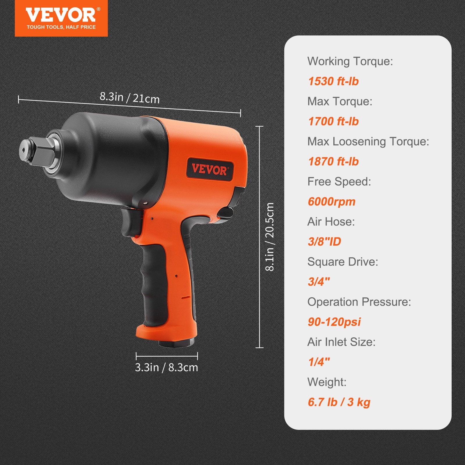 VEVOR Air Impact Wrench, 3/4-Inch Drive Air Impact Gun, Up to 1870ft-lbs Nut-busting Torque, Composite Pneumatic Impact Wrench for Auto_epairs_nd_aintenance Heavy Duty 6
