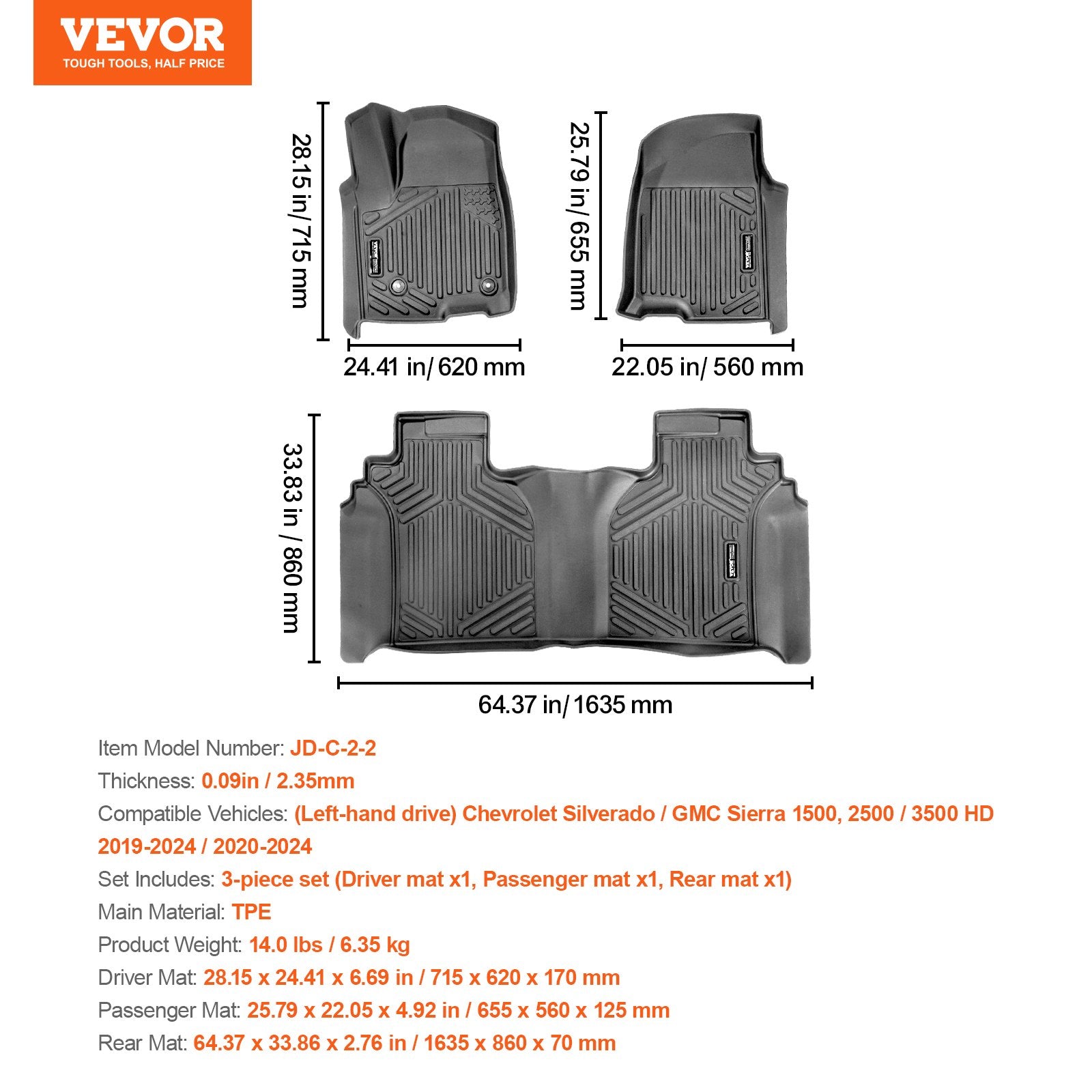 VEVOR Automotive Floor Mats Fits for Chevrolet Silverado/GMC Sierra 1500 3 pcs 7