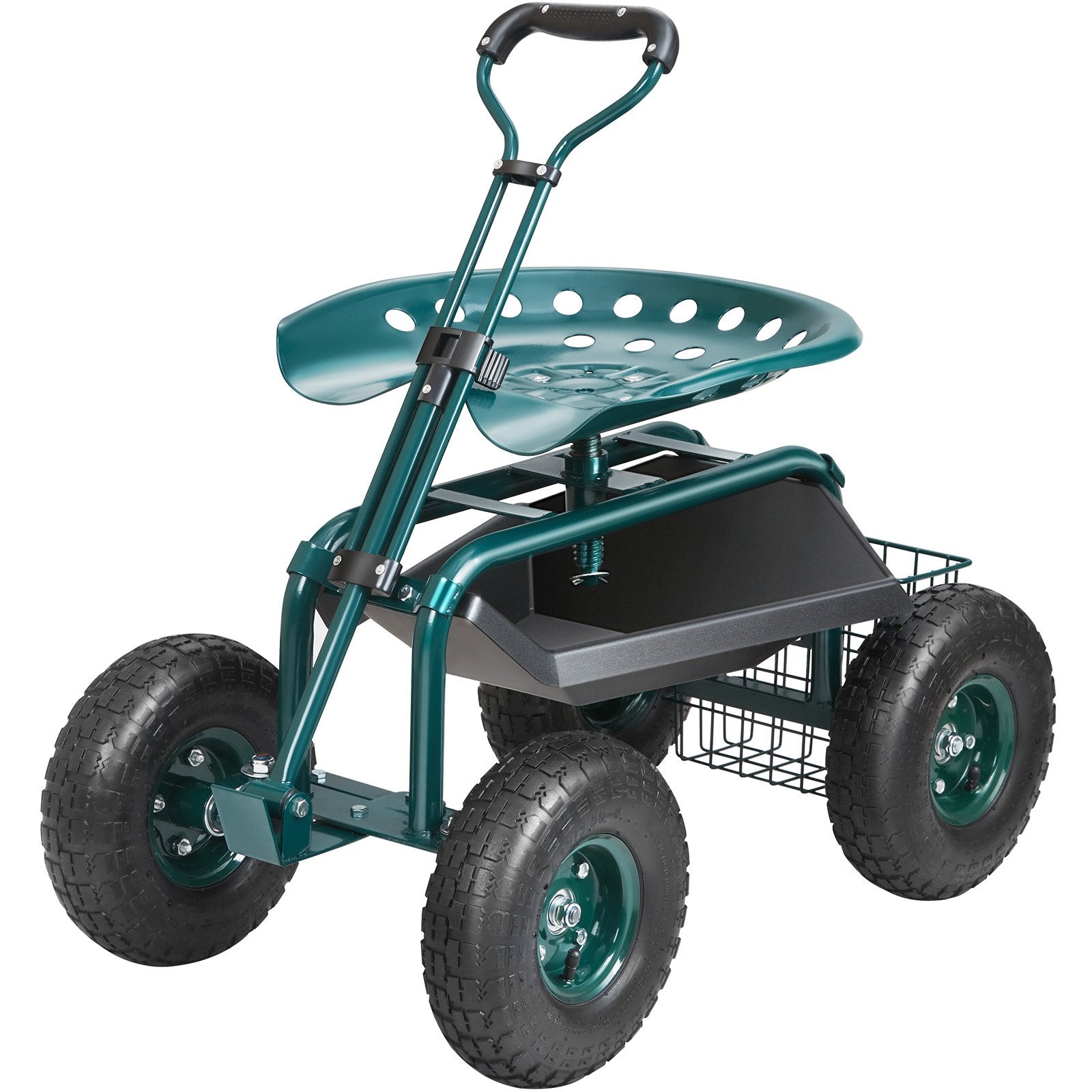 VEVOR Garden Cart Rolling Workseat with Wheels, Gardening Stool for Planting, 360 Degree Swivel Seat, Wagon Scooter with Steering Handle & Utility Tool Tray, Use for Patio, Yard, and Outdoors, Green 9