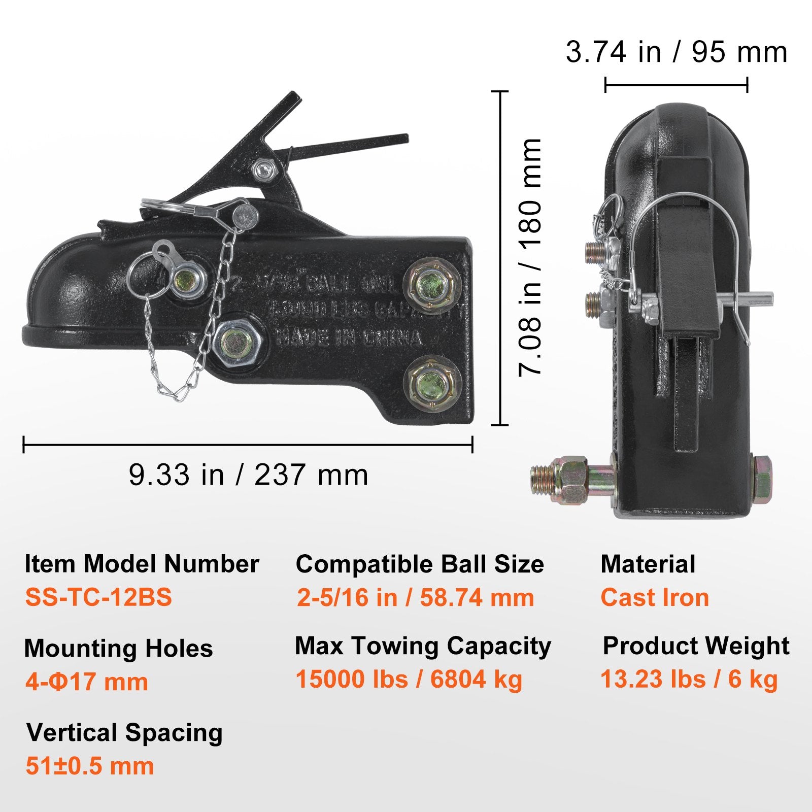 VEVOR Adjustable Trailer Coupler, 2-5/16" Hitch Ball, 15000 lbs Capacity, Heavy Duty Cast Channel-Mount Coupler with Hardware Kit, Ideal for Towing Station Wagons, Pickup Trucks, SUVs, Black Coating 7