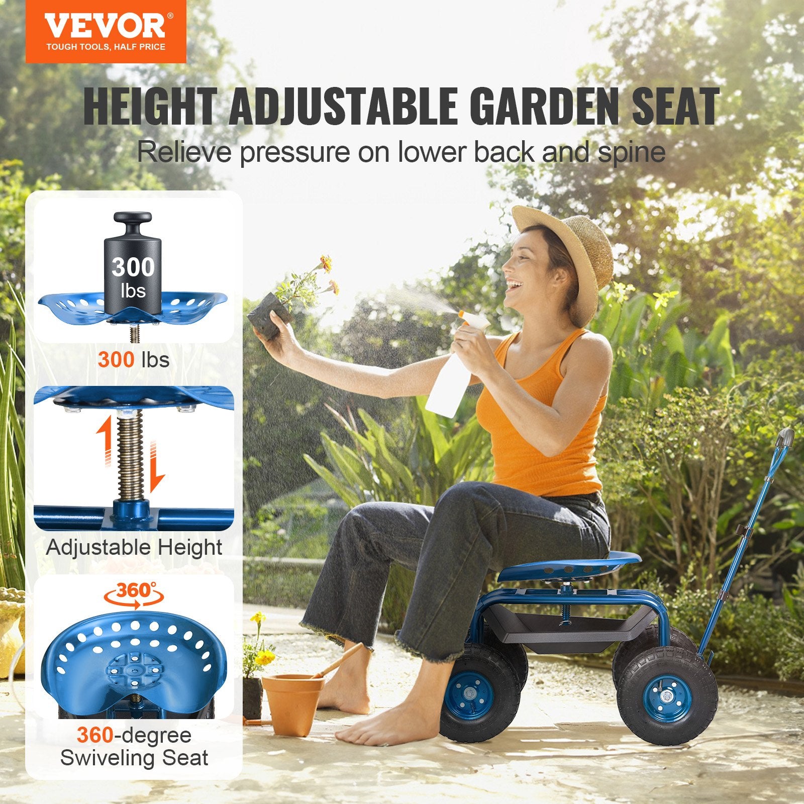 VEVOR Rolling Garden Cart with Seat and Wheels Extendable Steer Handle Blue