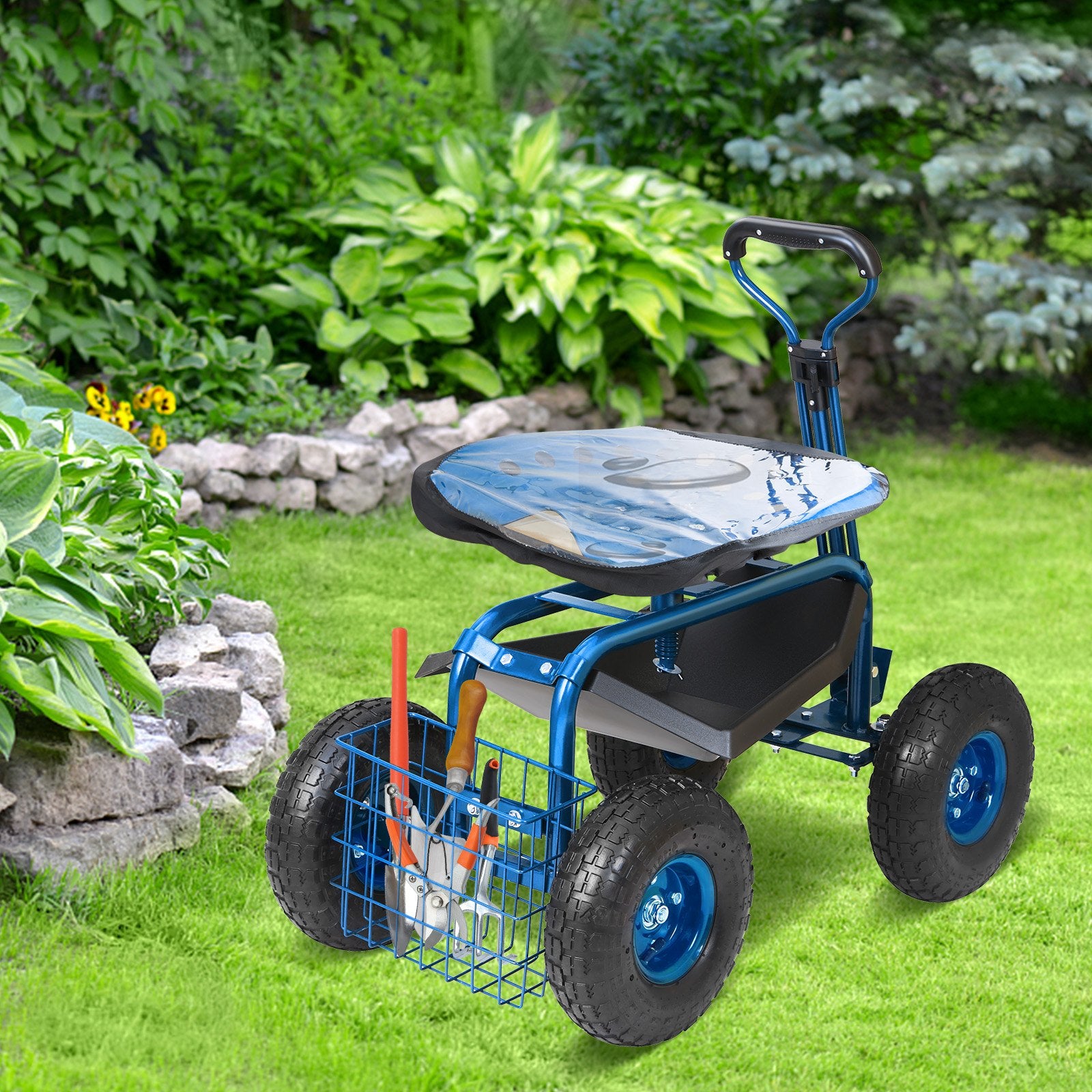 VEVOR Rolling Garden Cart with Seat and Wheels Extendable Steer Handle Blue 8