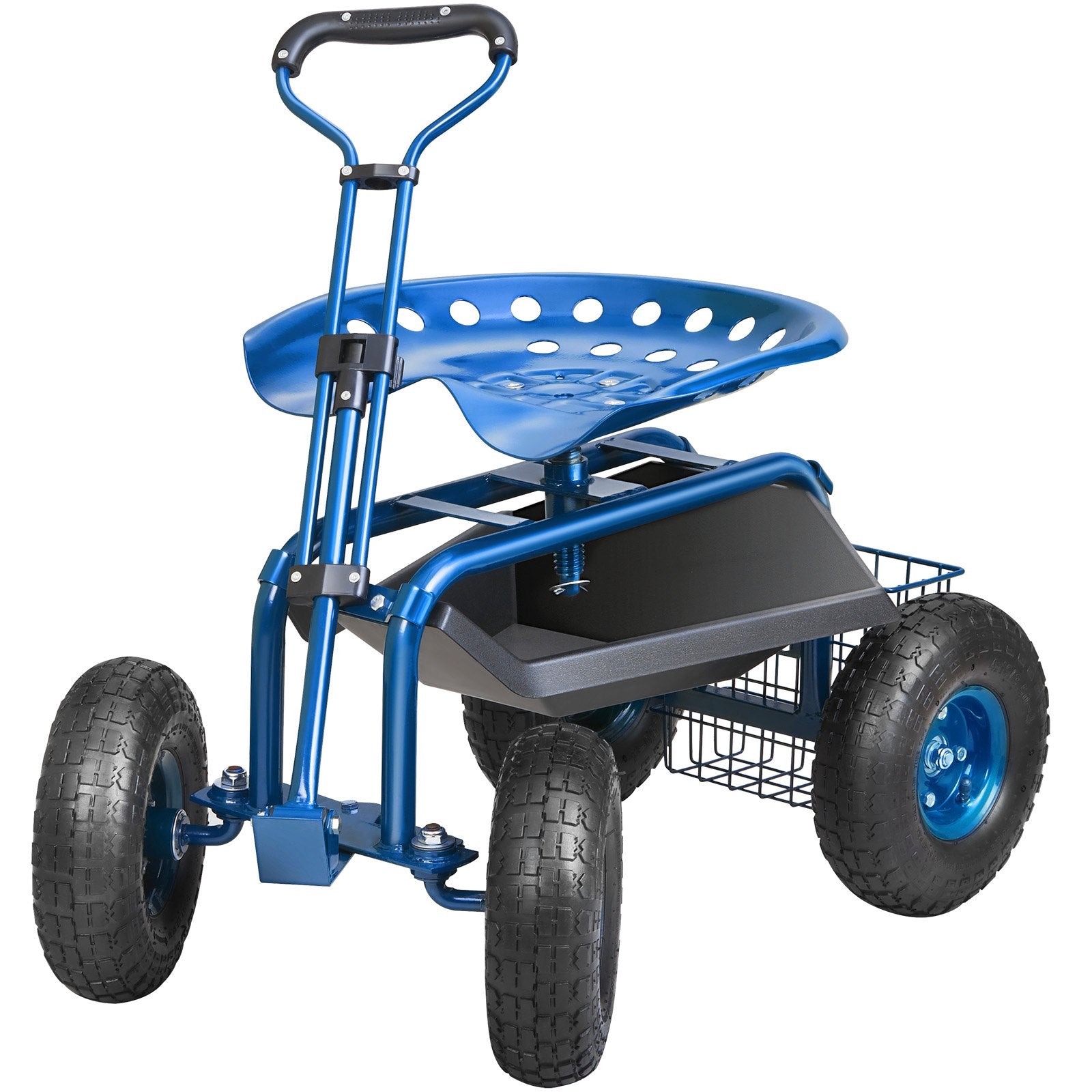 VEVOR Rolling Garden Cart with Seat and Wheels Extendable Steer Handle Blue 10
