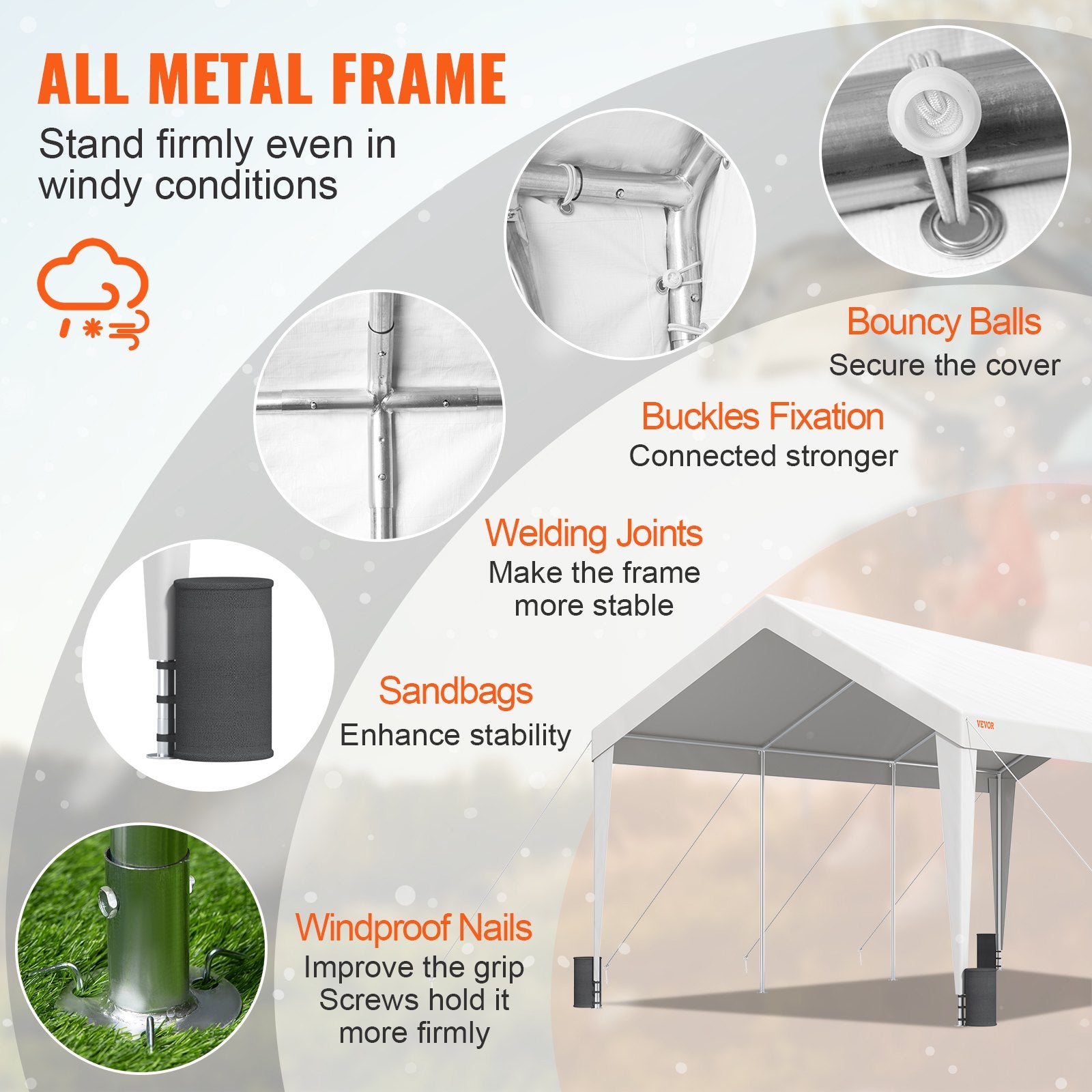 VEVOR Carport Car Canopy Garage Shelter Tent 10x20ft with 8 Poles for Auto Boats 4