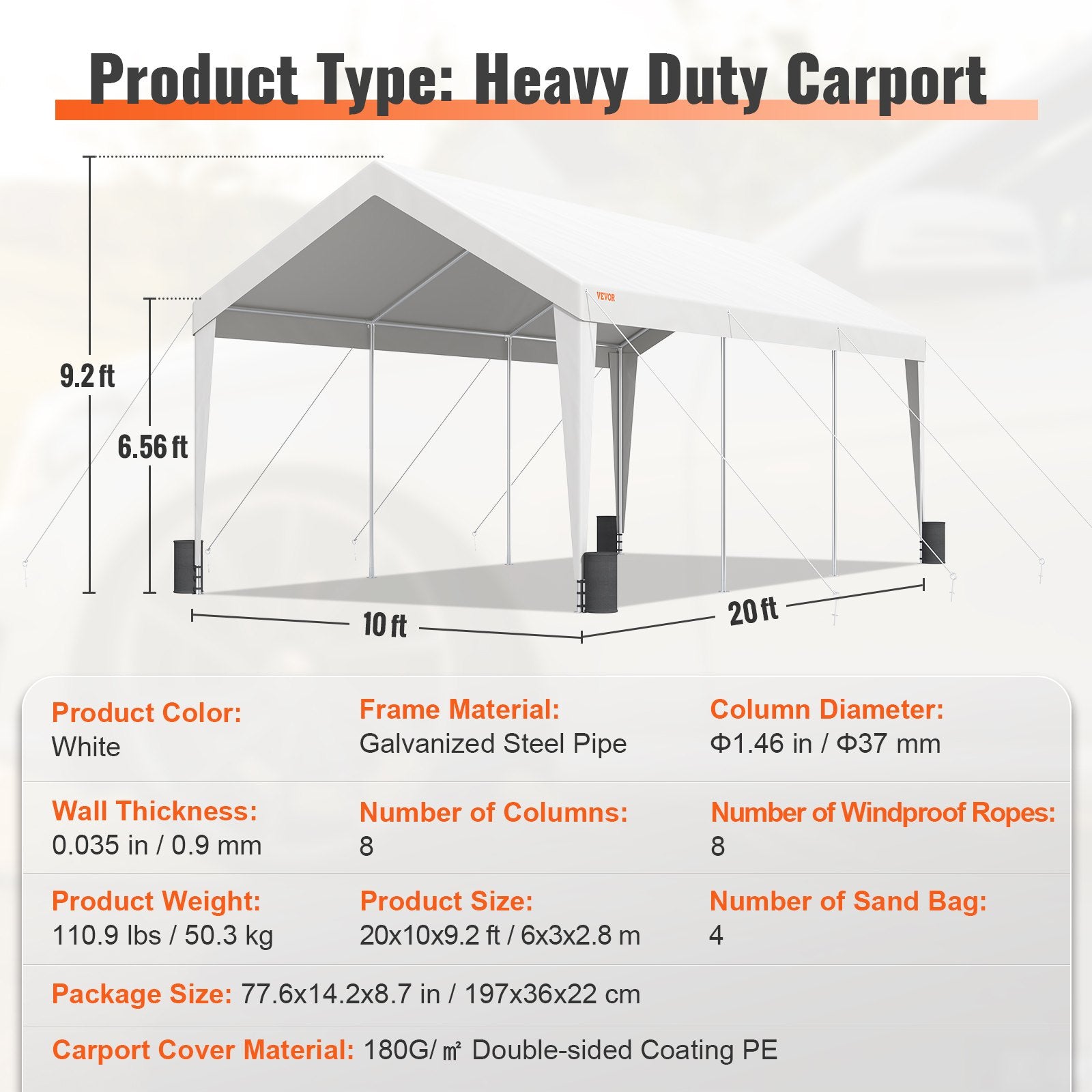 VEVOR Carport Car Canopy Garage Shelter Tent 10x20ft with 8 Poles for Auto Boats 7