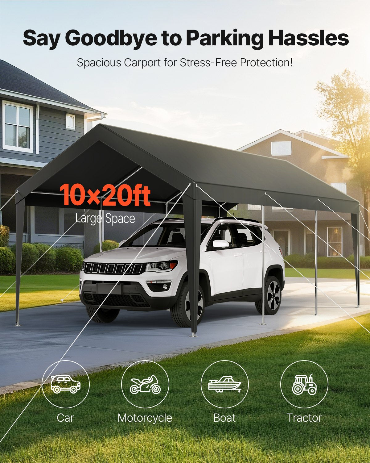 VEVOR Carport Car Canopy 10 x 20 FT Heavy Duty Portable Car Shelter Tent Grey