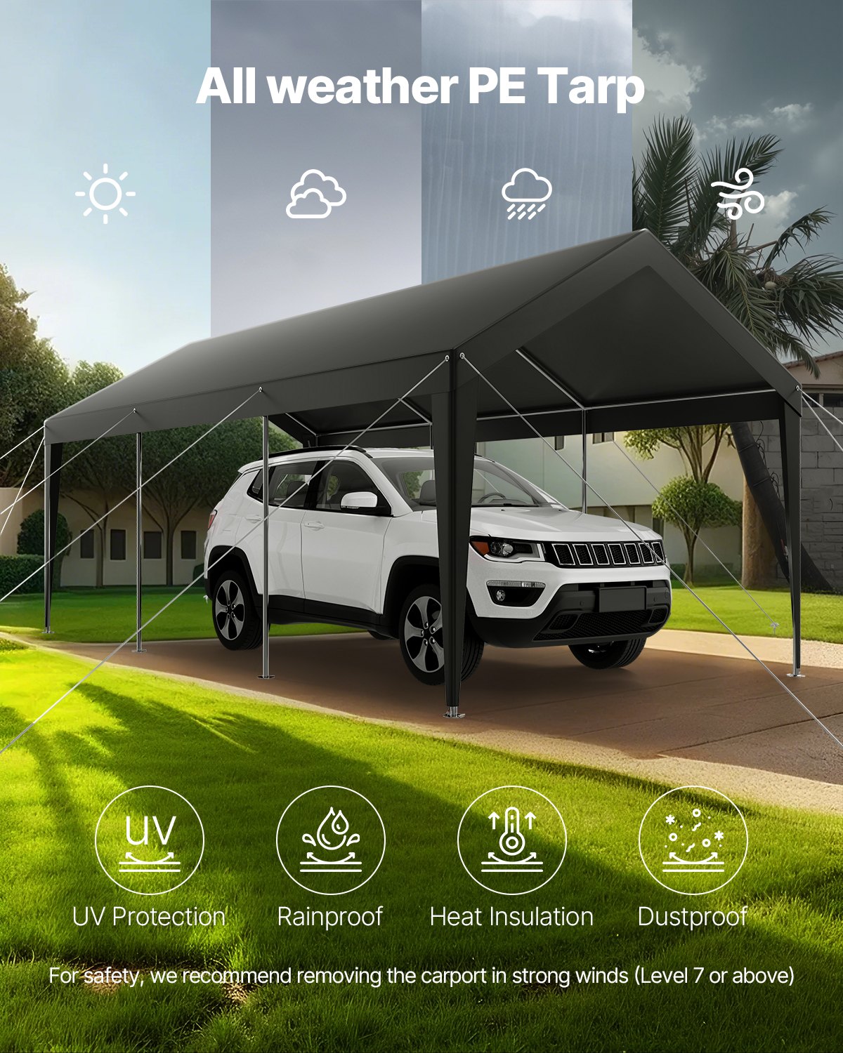 VEVOR Carport Car Canopy 10 x 20 FT Heavy Duty Portable Car Shelter Tent Grey 6