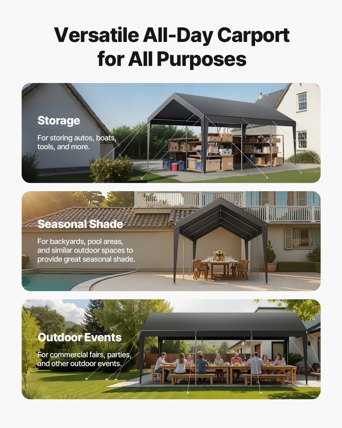 VEVOR Carport Car Canopy 10 x 20 FT Heavy Duty Portable Car Shelter Tent Grey 7