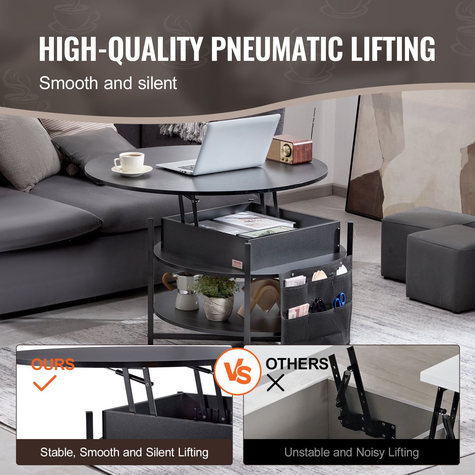 VEVOR Lift Top Coffee Table 35.3" Round Coffee Table for Living Room Black 3