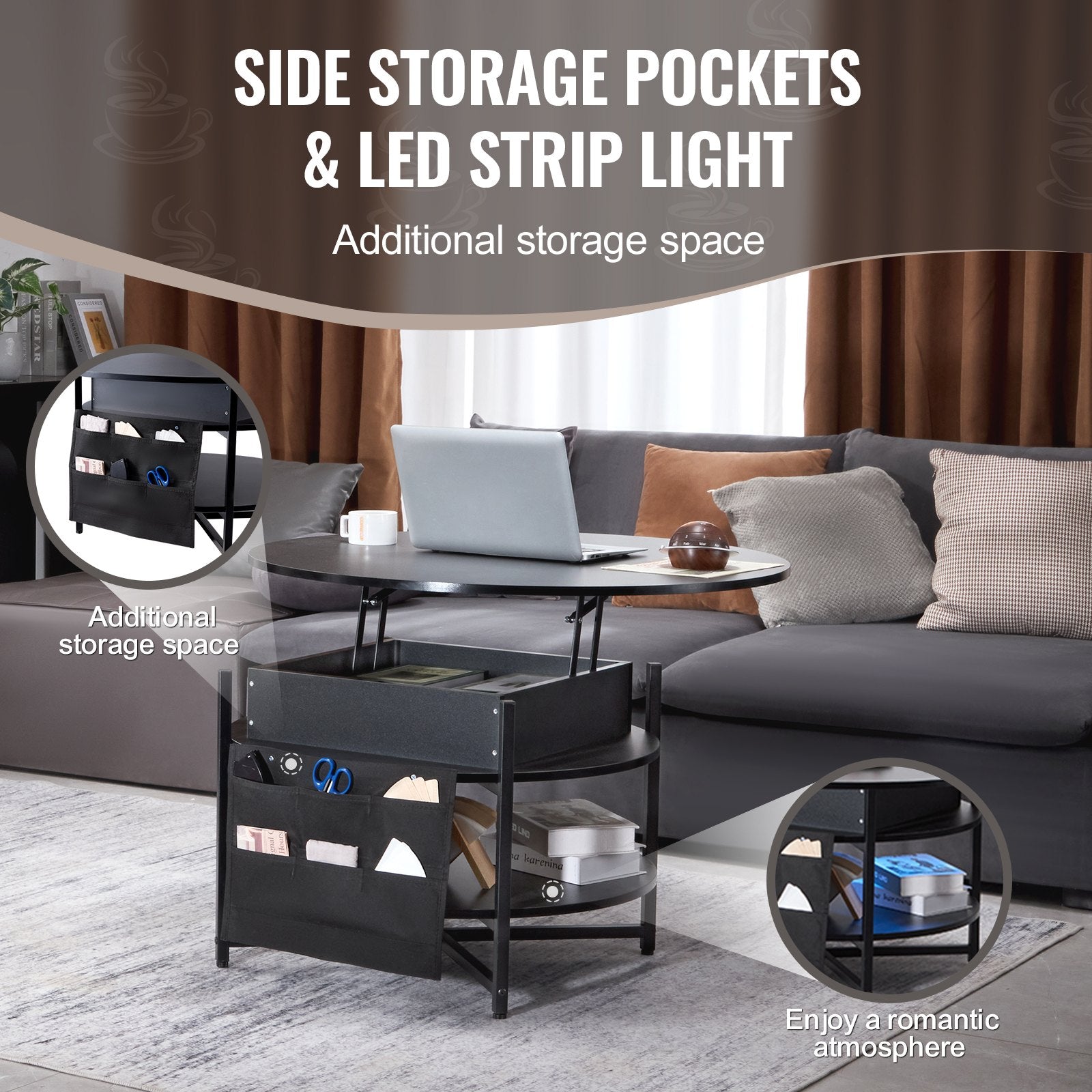 VEVOR Lift Top Coffee Table 35.3" Round Coffee Table for Living Room Black 4