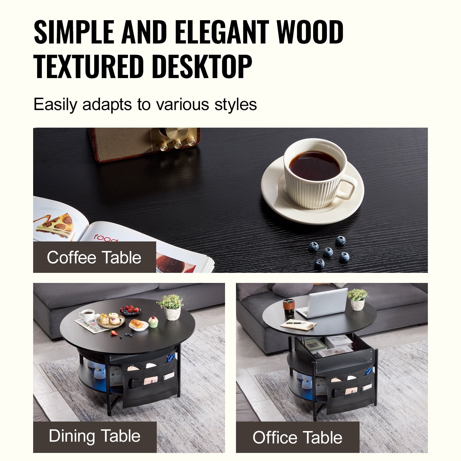 VEVOR Lift Top Coffee Table 35.3" Round Coffee Table for Living Room Black 6