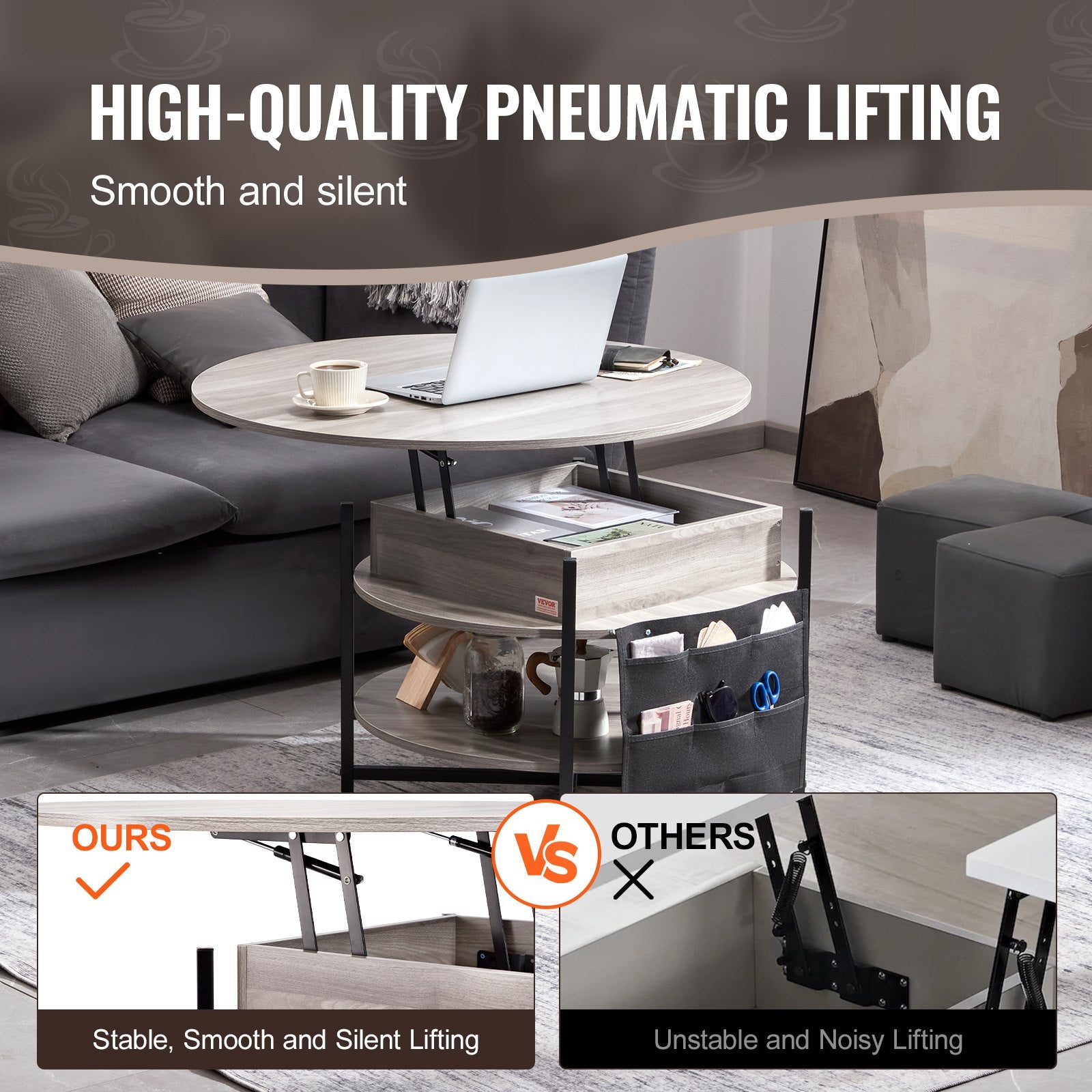 VEVOR Lift Top Coffee Table 35.3" Round Coffee Table for Living Room White 3