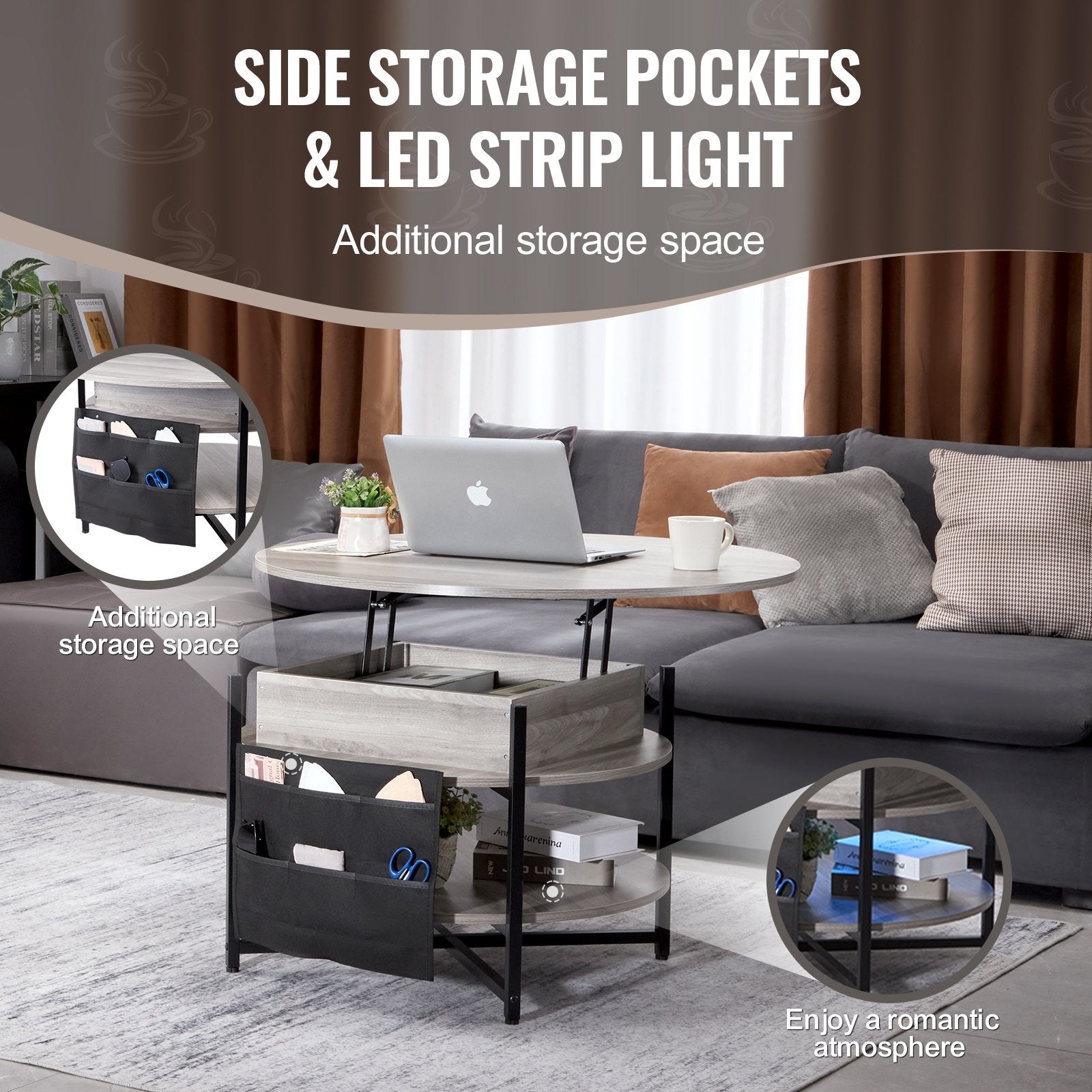 VEVOR Lift Top Coffee Table 35.3" Round Coffee Table for Living Room White 4