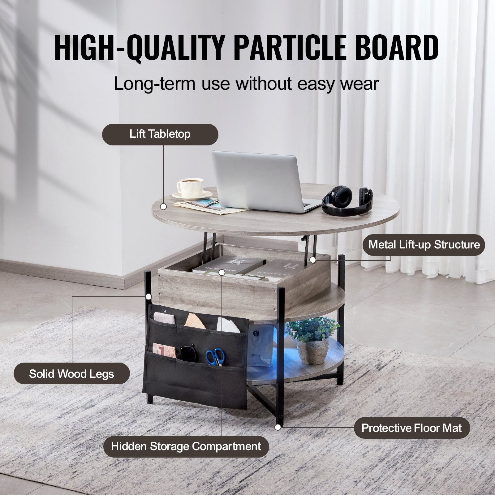 VEVOR Lift Top Coffee Table 35.3" Round Coffee Table for Living Room White 5