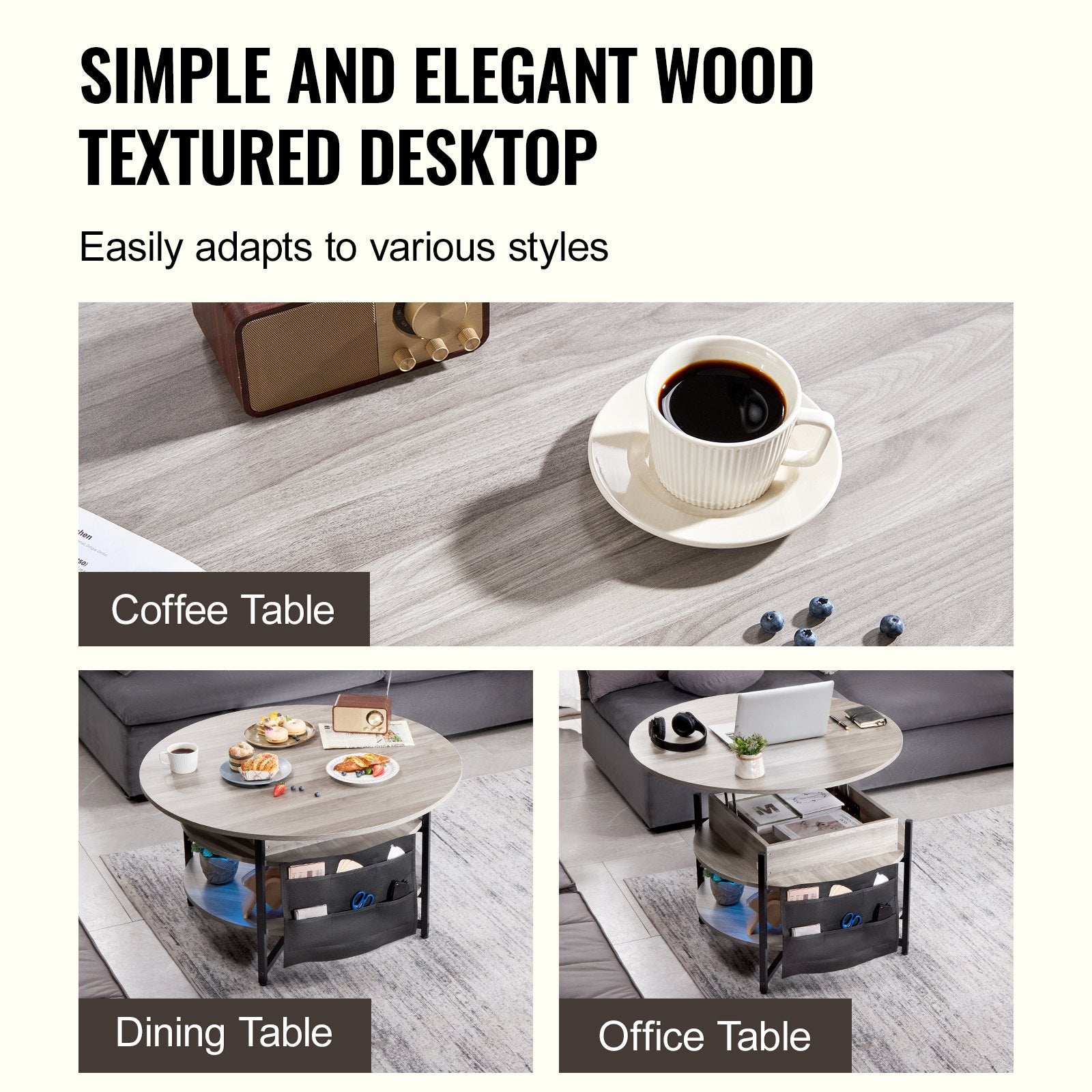 VEVOR Lift Top Coffee Table 35.3" Round Coffee Table for Living Room White 6