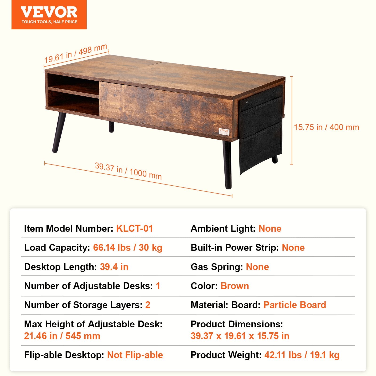 VEVOR Lift Top Coffee Table 39.4 in Rectangle Coffee Table for Living Room Brown 6