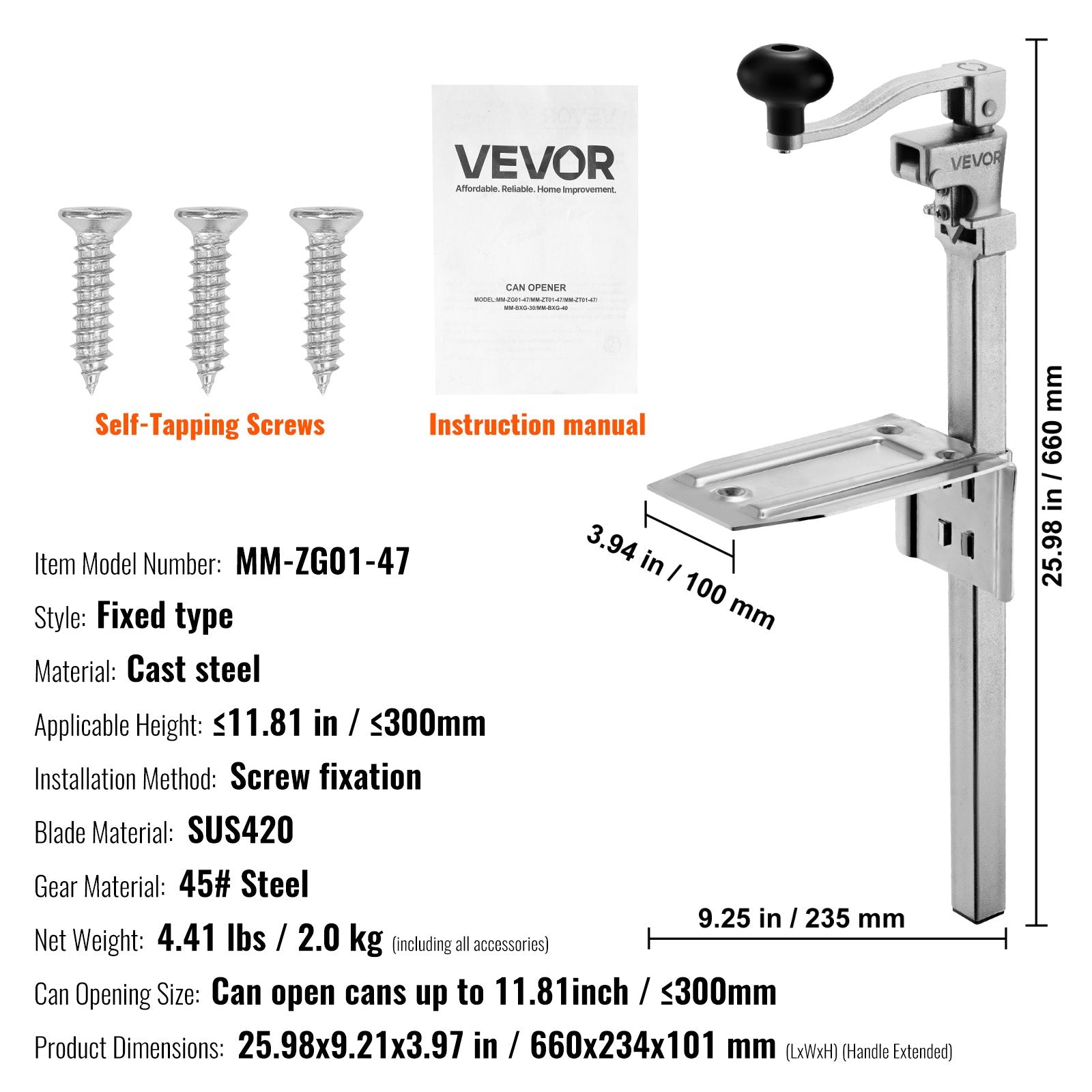 VEVOR Commercial Can Opener, Heavy-Duty Manual Tabletop Cans Opener for Cans Up to 300 mm Height, Height-Adjustable Professional Can Openers Fixed with Screws, for Restaurant, Hotel, and Food Store 7