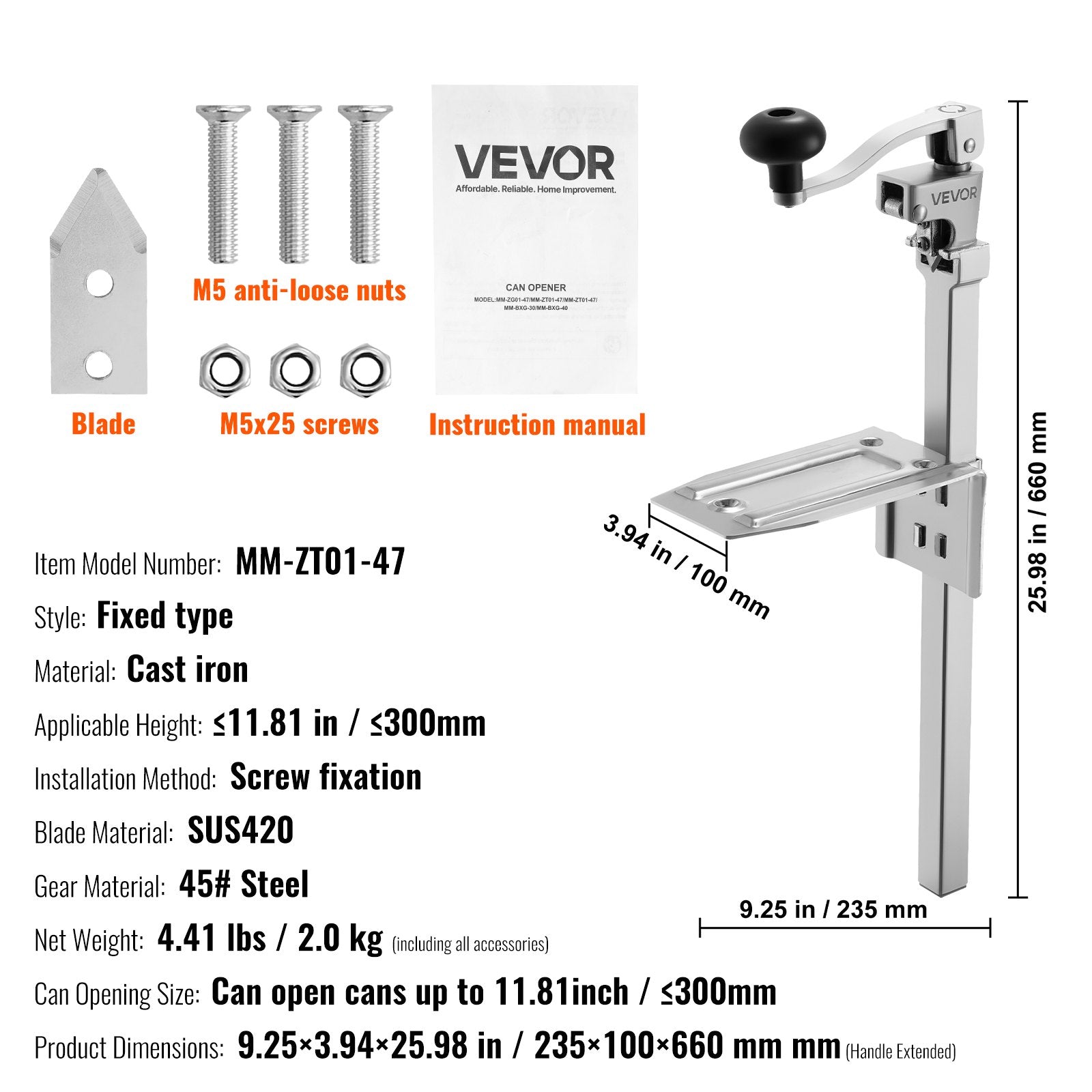 VEVOR Commercial Can Opener, Heavy-Duty Manual Tabletop Cans Opener for Cans Up to 300 mm Height, Height-Adjustable Professional Can Openers with Stainless Steel Blade, for Restaurant & Food Store 7