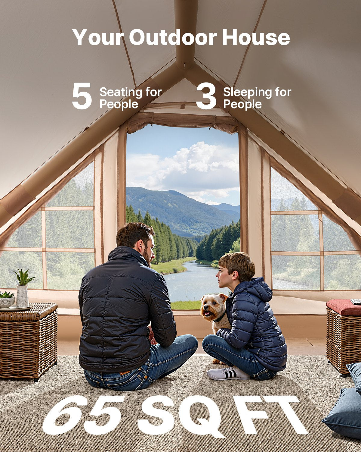 VEVOR Inflatable Tents for Camping, 3-5 Person Easy Setup Blow up Tent with Hand Pump, 300D Oxford 4 Season Glamping Tent with Canopy, Stove Jack, 2 Doors & 2 Mesh Windows (Storage Bag Included) 3