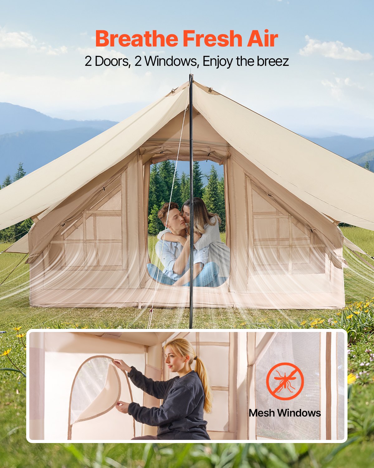 VEVOR Inflatable Tents for Camping, 3-5 Person Easy Setup Blow up Tent with Hand Pump, 300D Oxford 4 Season Glamping Tent with Canopy, Stove Jack, 2 Doors & 2 Mesh Windows (Storage Bag Included) 5