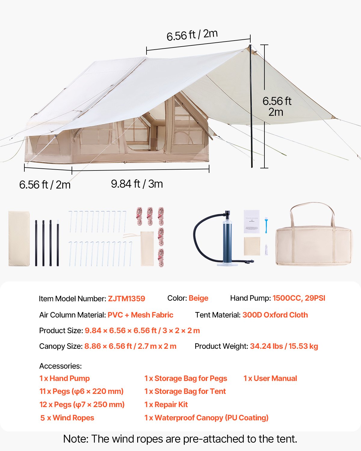 VEVOR Inflatable Tents for Camping, 3-5 Person Easy Setup Blow up Tent with Hand Pump, 300D Oxford 4 Season Glamping Tent with Canopy, Stove Jack, 2 Doors & 2 Mesh Windows (Storage Bag Included) 7