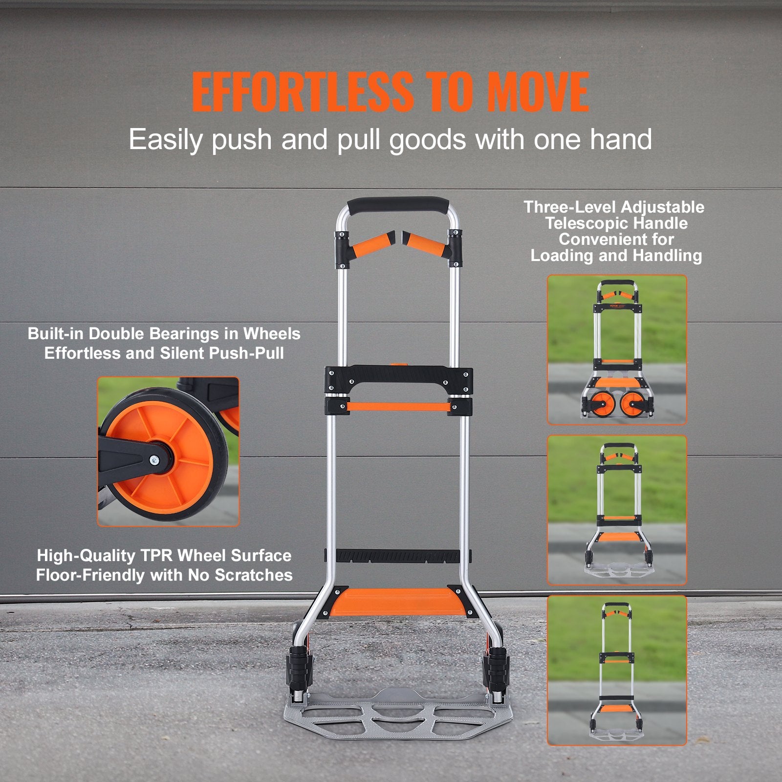 VEVOR Folding Hand Truck, 140 kg Load Capacity, Aluminum Portable Cart, Convertible Hand Truck and Dolly with Telescoping Handle and PP+TPR Wheels, Ultra Lightweight Super Strong for Moving Warehouse 3