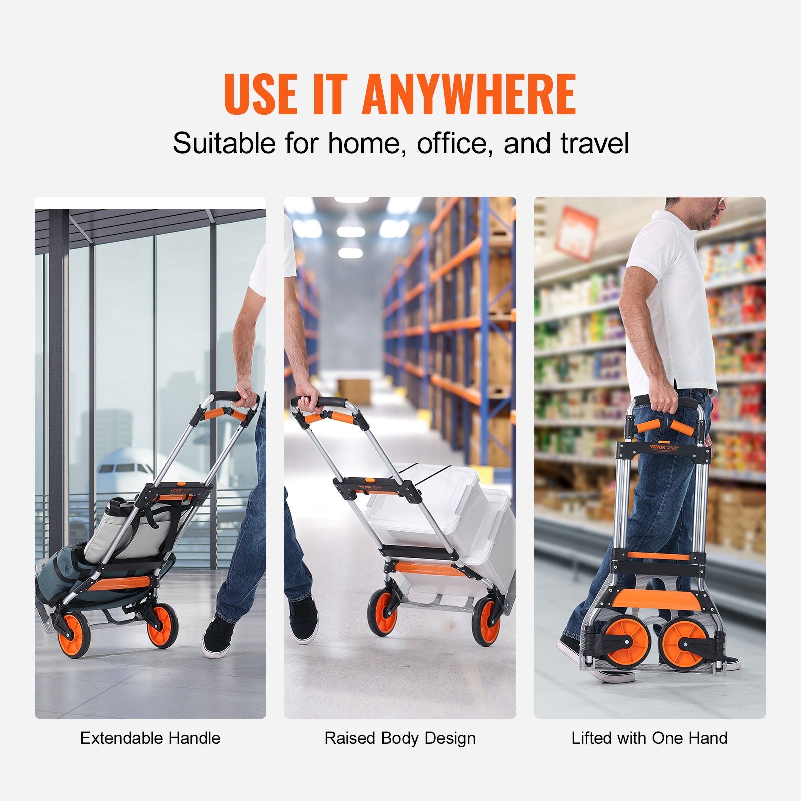 VEVOR Folding Hand Truck, 140 kg Load Capacity, Aluminum Portable Cart, Convertible Hand Truck and Dolly with Telescoping Handle and PP+TPR Wheels, Ultra Lightweight Super Strong for Moving Warehouse 5