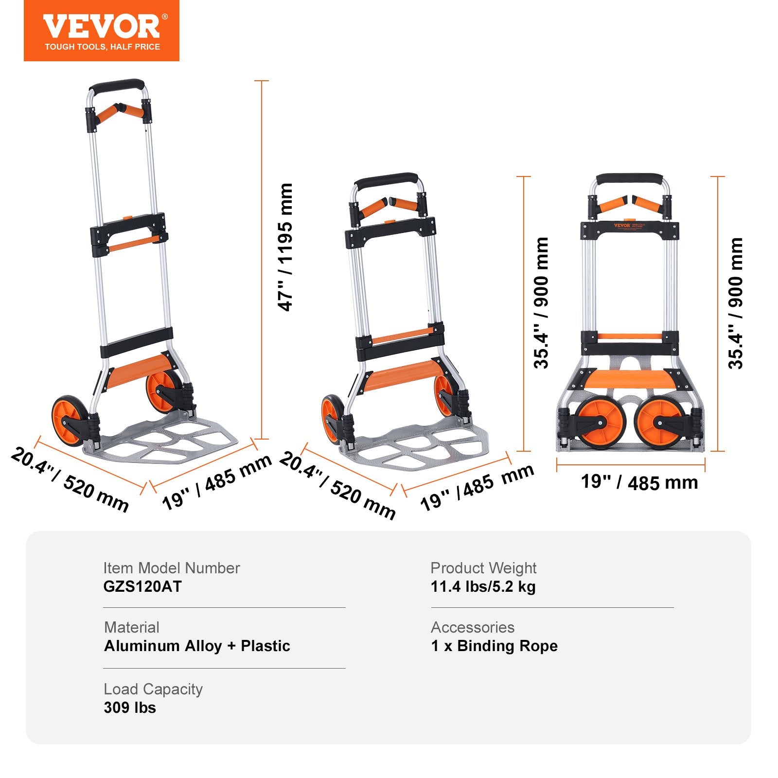 VEVOR Folding Hand Truck, 140 kg Load Capacity, Aluminum Portable Cart, Convertible Hand Truck and Dolly with Telescoping Handle and PP+TPR Wheels, Ultra Lightweight Super Strong for Moving Warehouse 7