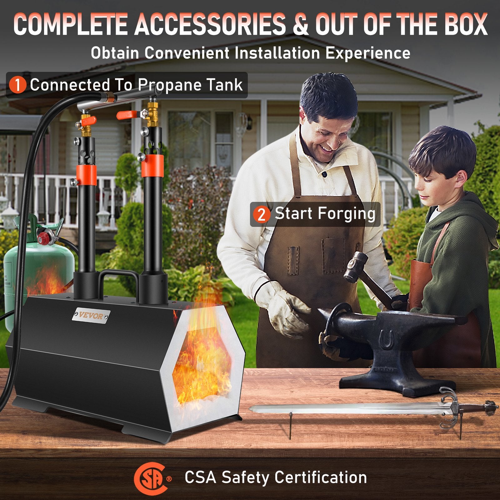 VEVOR Propane Forge Portable, Double Burner Tool and Knife Making, Large Capacity Blacksmith Farrier Forges, Mini Furnace Blacksmithing, Gas Forging Tools and Equipment, Complete Kit 4