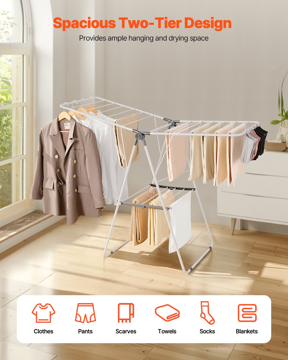VEVOR 2-Tier Foldable Clothes Drying Rack with Sock Clips & 21 Drying Rods White