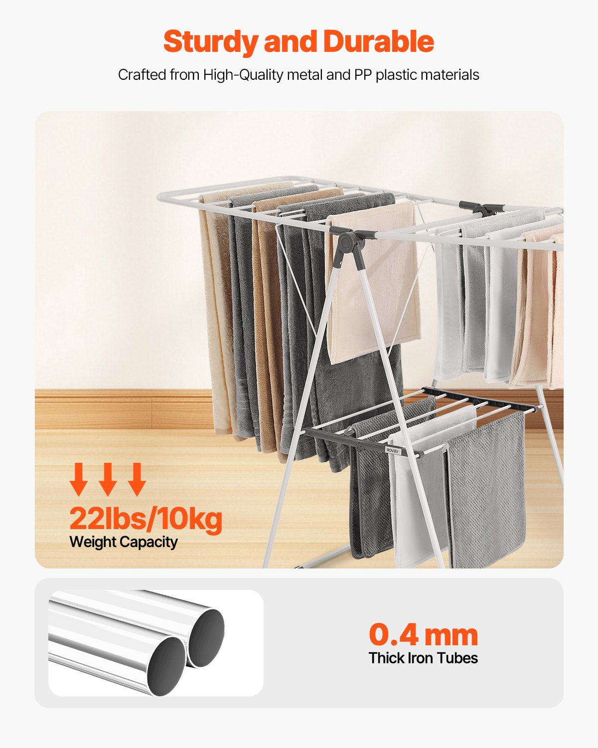 VEVOR 2-Tier Foldable Clothes Drying Rack with Sock Clips & 21 Drying Rods White 3
