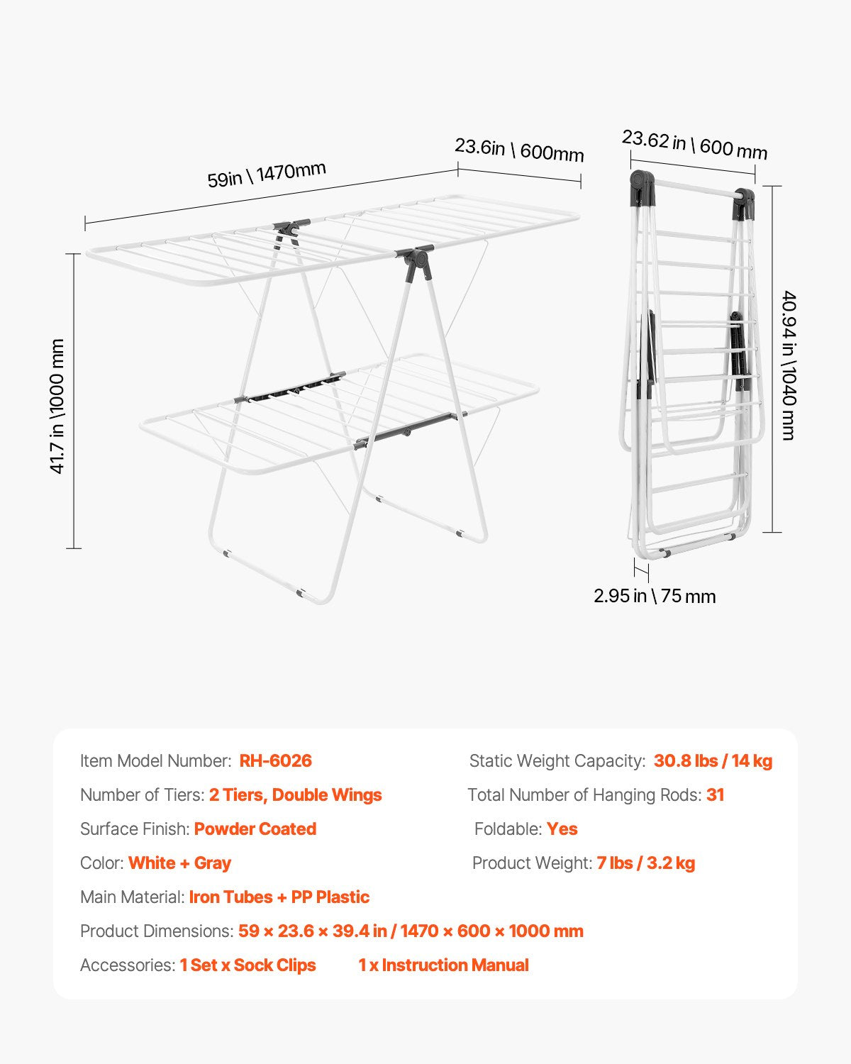 VEVOR 2-Tier Foldable Clothes Drying Rack with Sock Clips & 31 Drying Rods White 7