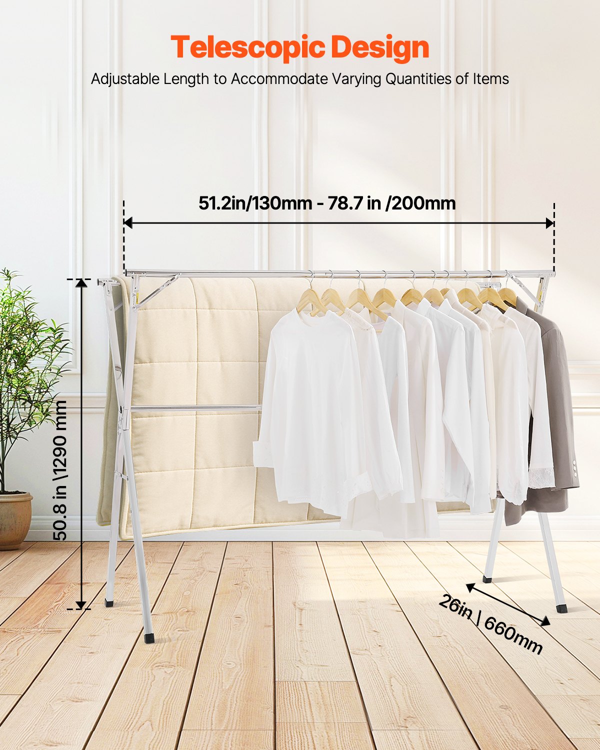 VEVOR 2-Tier Telescopic Clothes Drying Rack w/ 30 Windproof Holes & 2 Shoe Hooks 4
