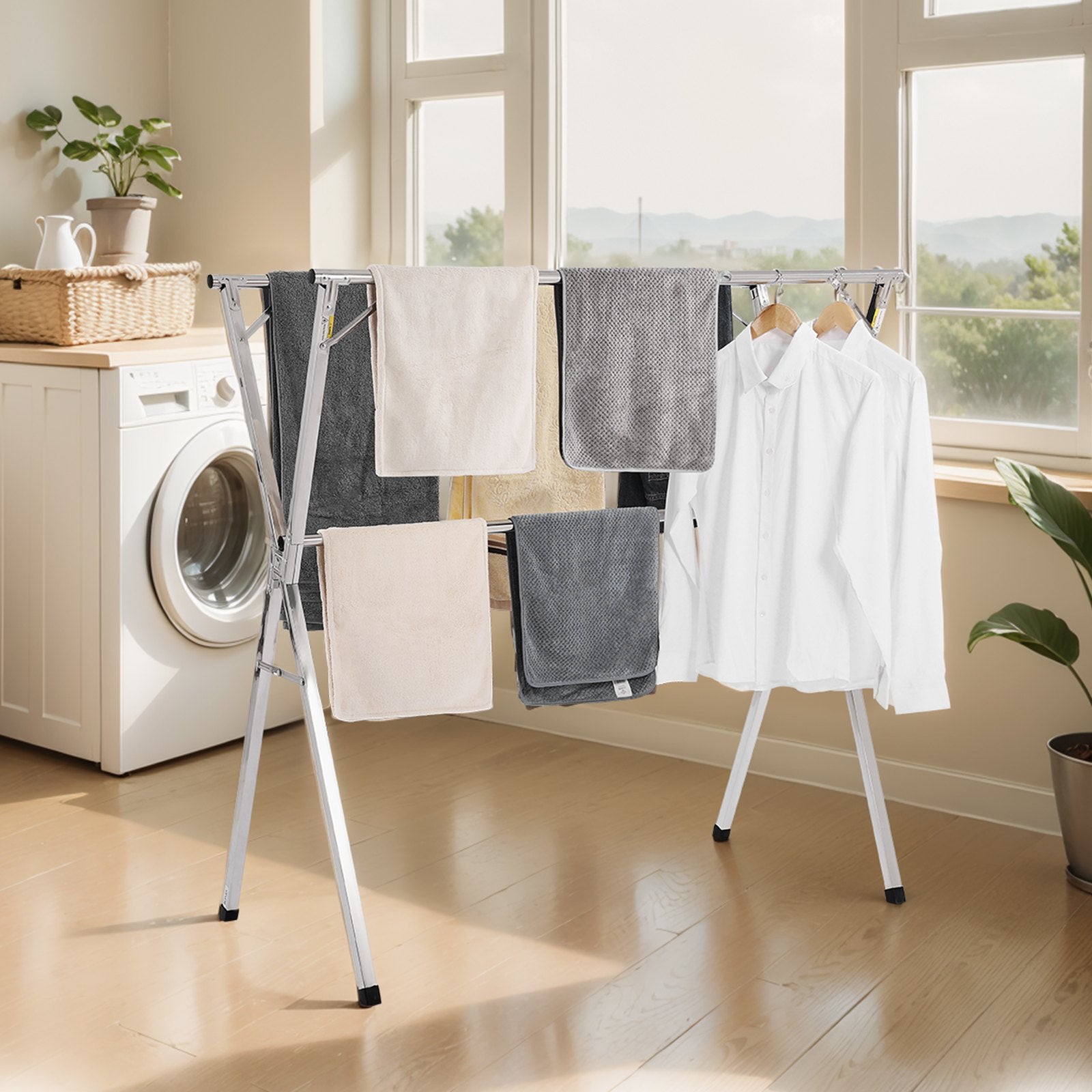 VEVOR 2-Tier Telescopic Clothes Drying Rack w/ 30 Windproof Holes & 2 Shoe Hooks 8