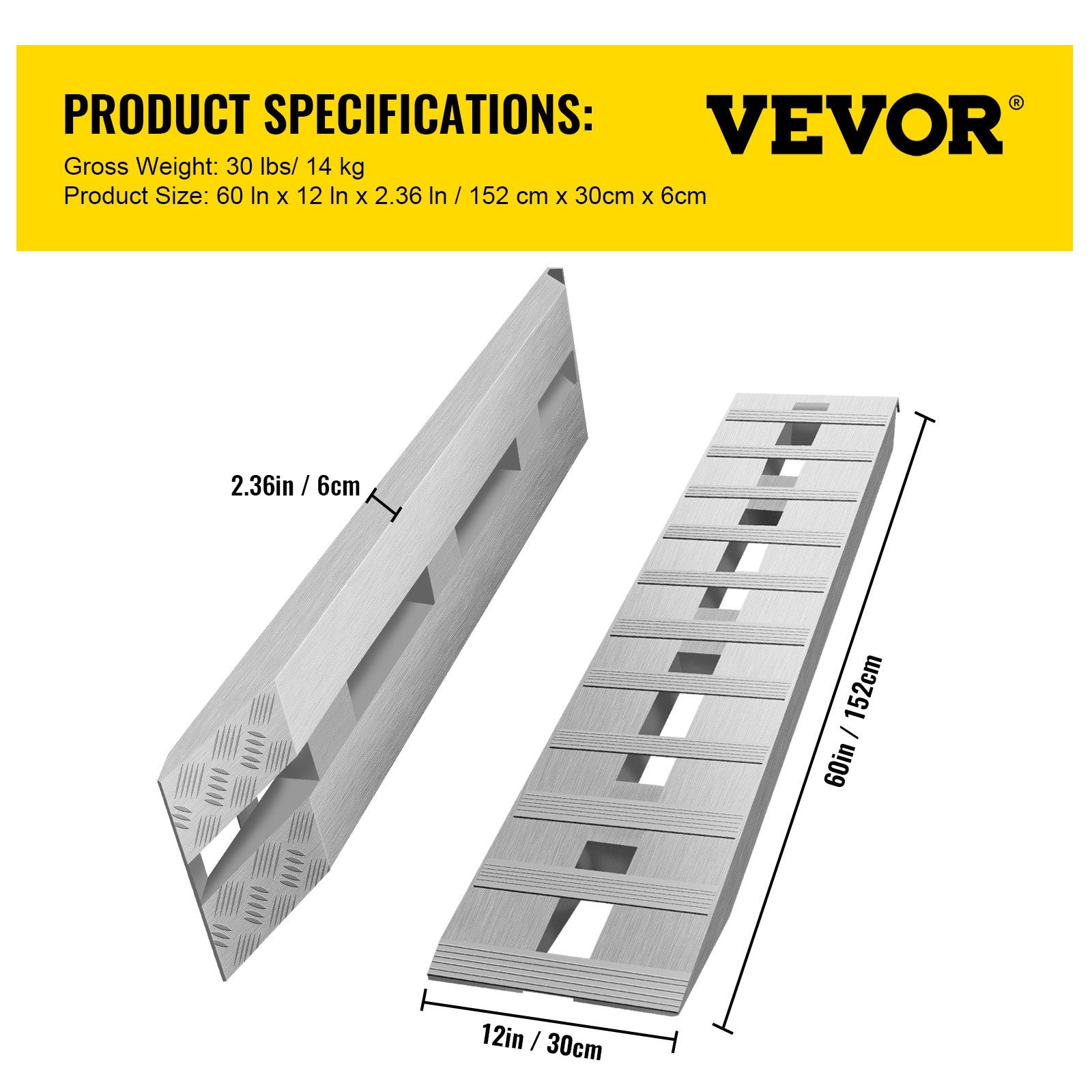 VEVOR 60' X 12' X 2.5'Aluminum Trailer Ramps 6000LBS Total Beavertail Hook End 1 Pair 2 Ramps 7