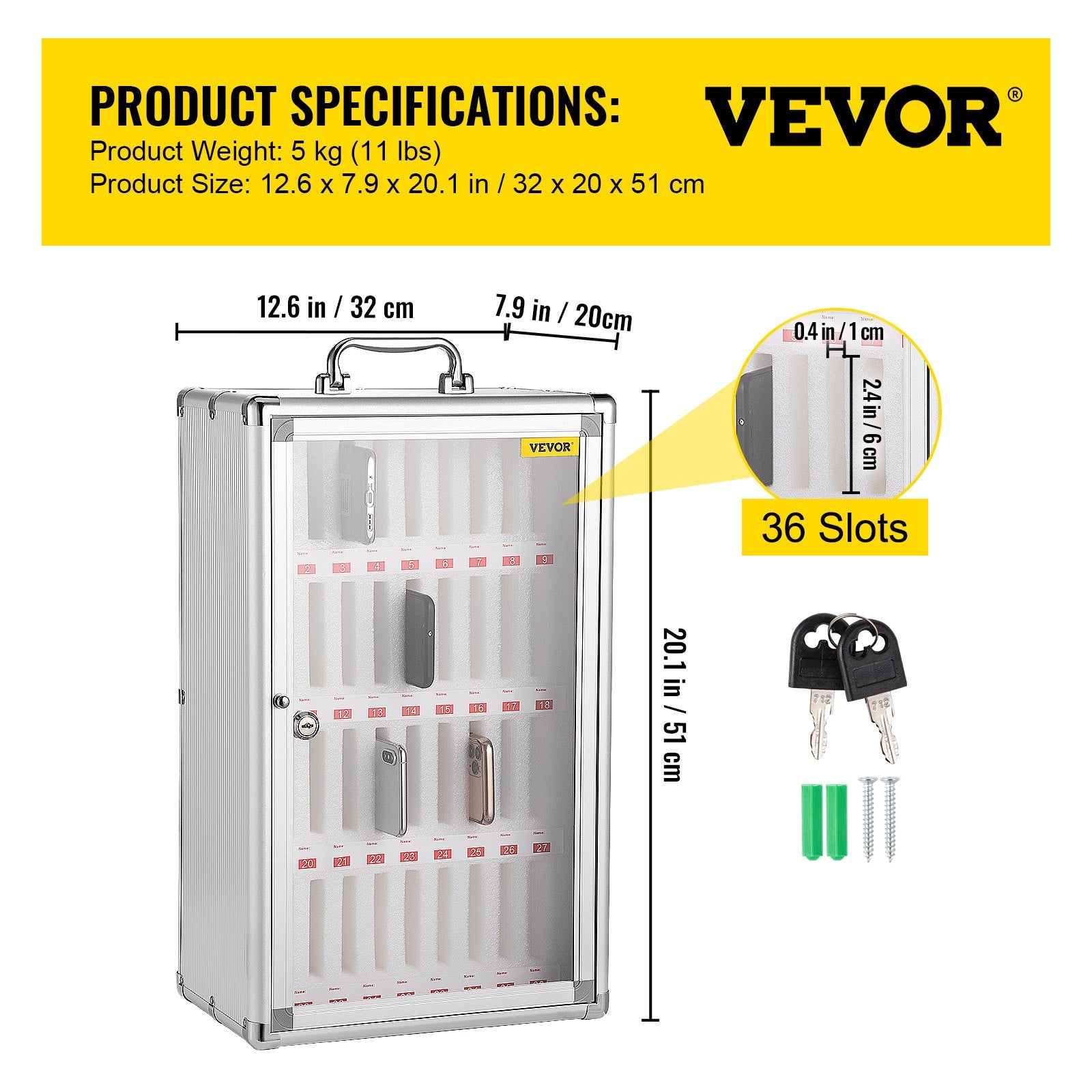 VEVOR Cell Phones Storage Cabinet Clear Pocket Chart Storage Locker Box 36 Slots 7