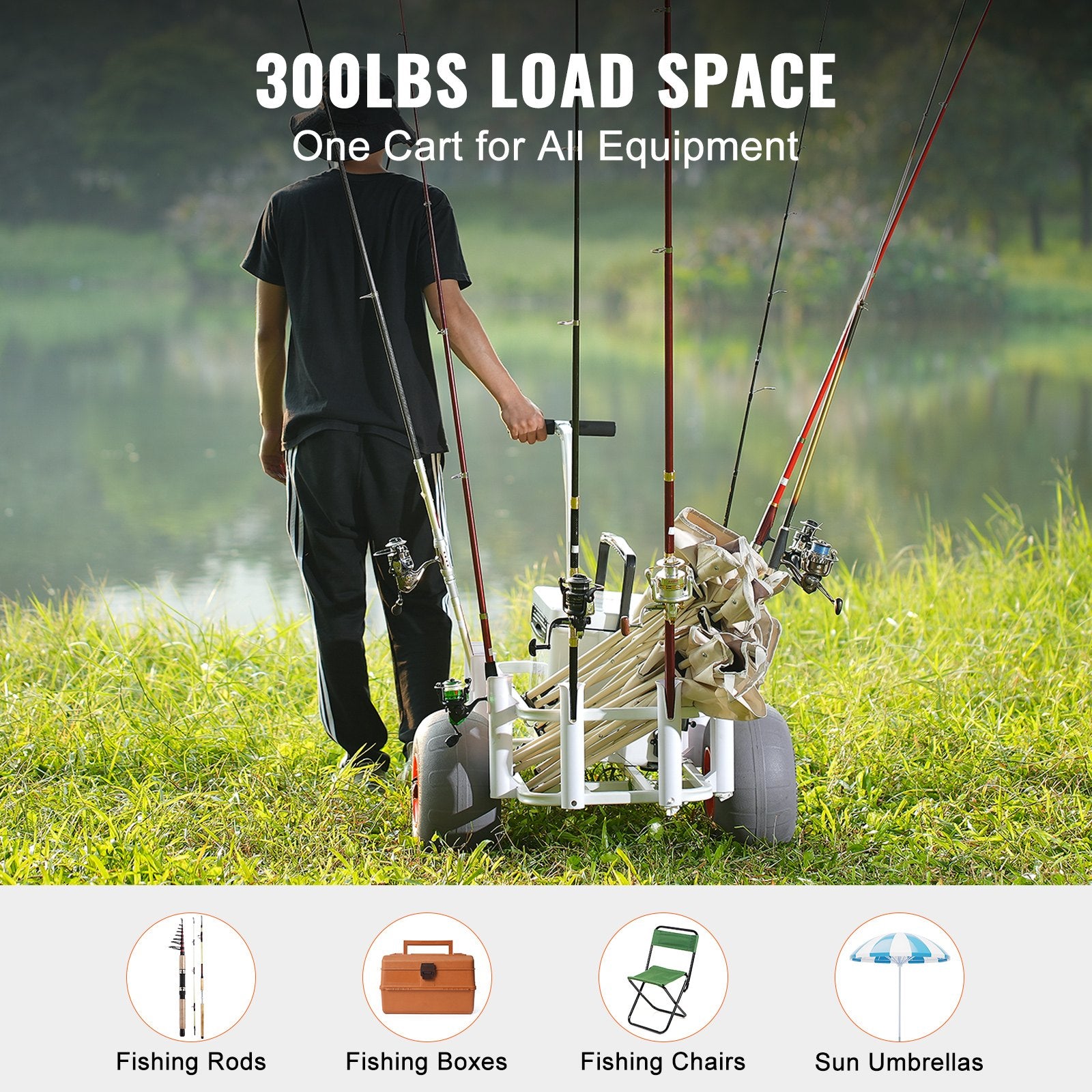 VEVOR Beach Fishing Cart, 136 kg Load Capacity, Fish and Marine Cart with Two 330 mm Big Wheels PU Balloon Tires for Sand, Heavy-Duty Aluminum Pier Wagon Trolley with 8 Rod Holders for Fishing, Picnic 4