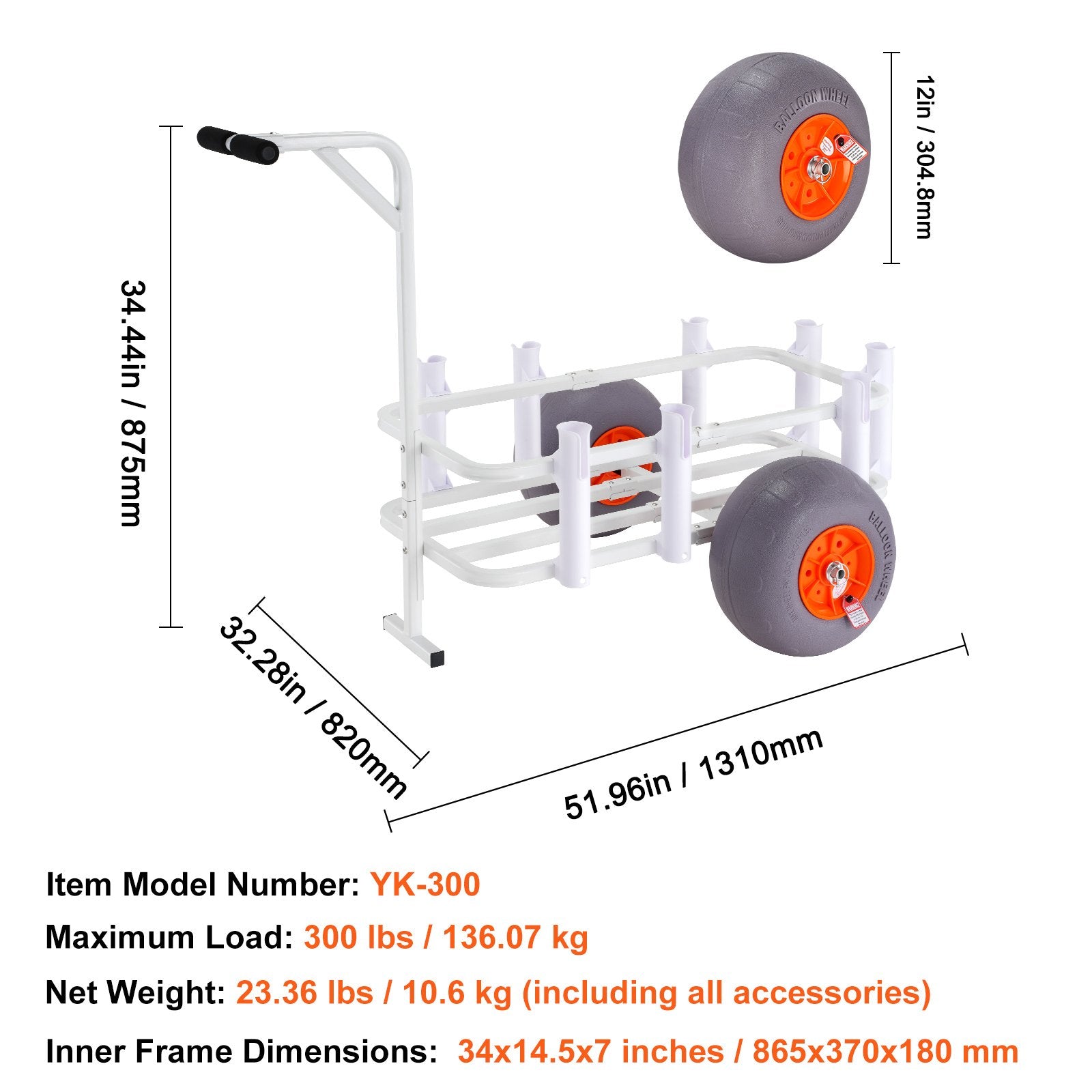 VEVOR Beach Fishing Cart, 136 kg Load Capacity, Fish and Marine Cart with Two 330 mm Big Wheels PU Balloon Tires for Sand, Heavy-Duty Aluminum Pier Wagon Trolley with 8 Rod Holders for Fishing, Picnic 7
