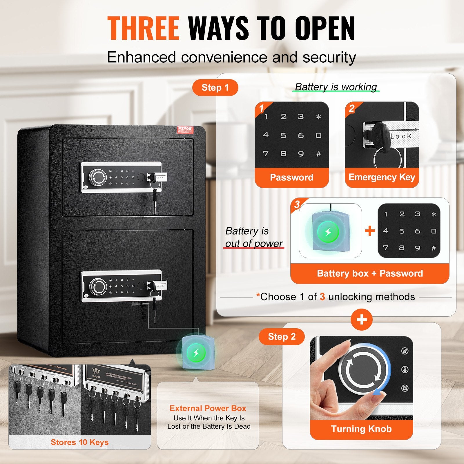 VEVOR Double Door 3.5 cu.ft Safe Box with Key Lock Password Fireproof Bag Black 3