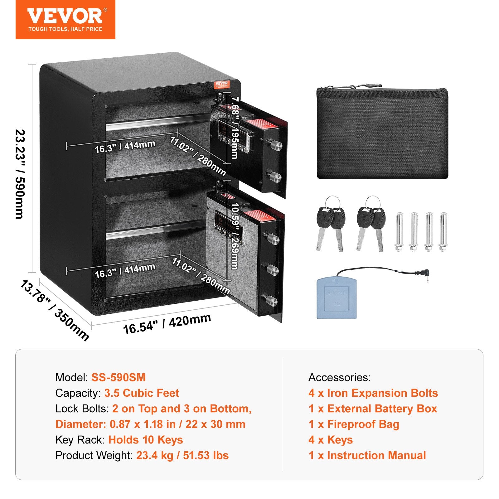 VEVOR Double Door 3.5 cu.ft Safe Box with Key Lock Password Fireproof Bag Black 7