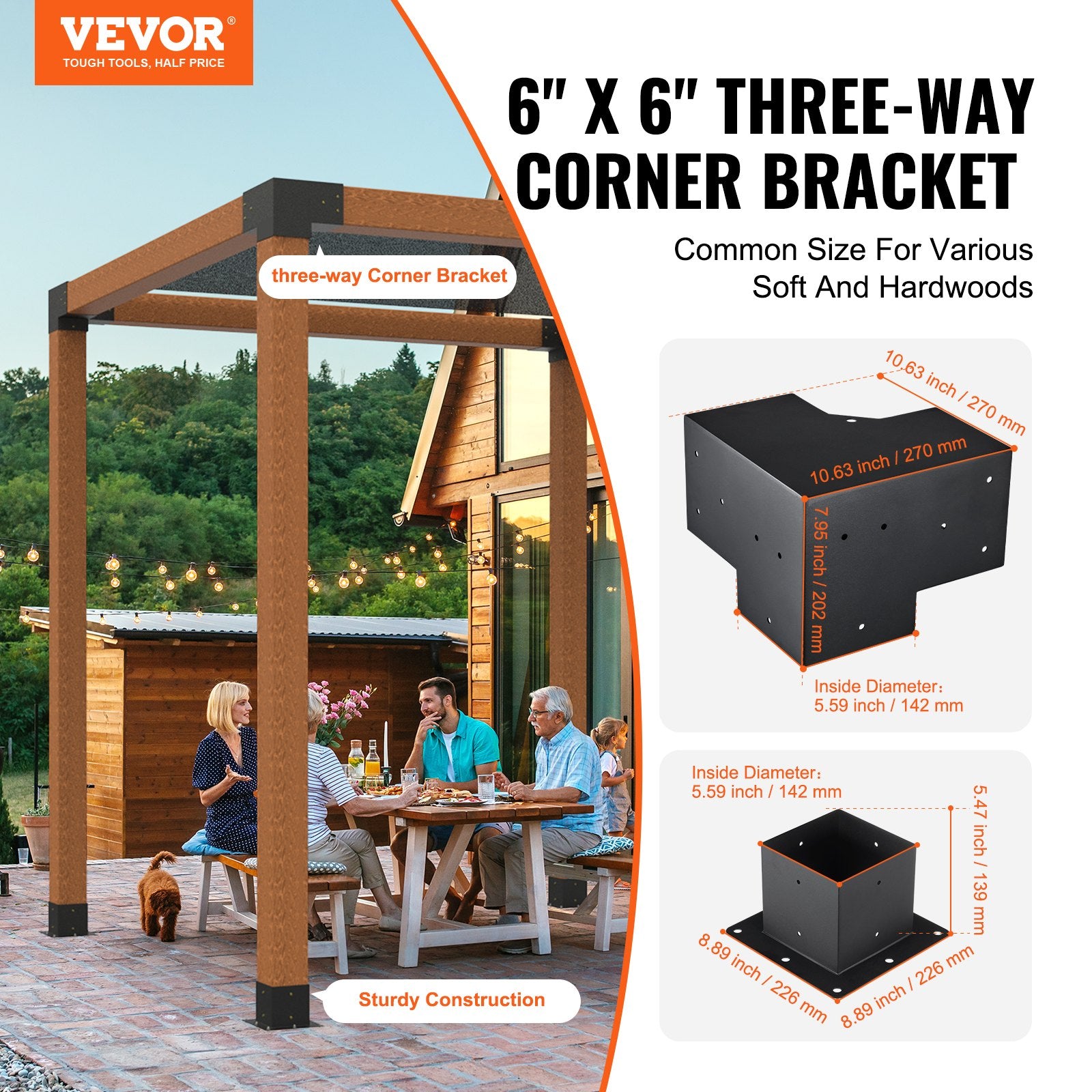 VEVOR Pergola Bracket Kit 152.4 x 152.4 mm, 8pcs 3-Way Heavy Duty Corner Bracket Woodworks DIY Post Base, Easy Installation Wooden Beams for Gazebos, Patio Pergolas, Log Cabin Outdoor Pergola Hardware